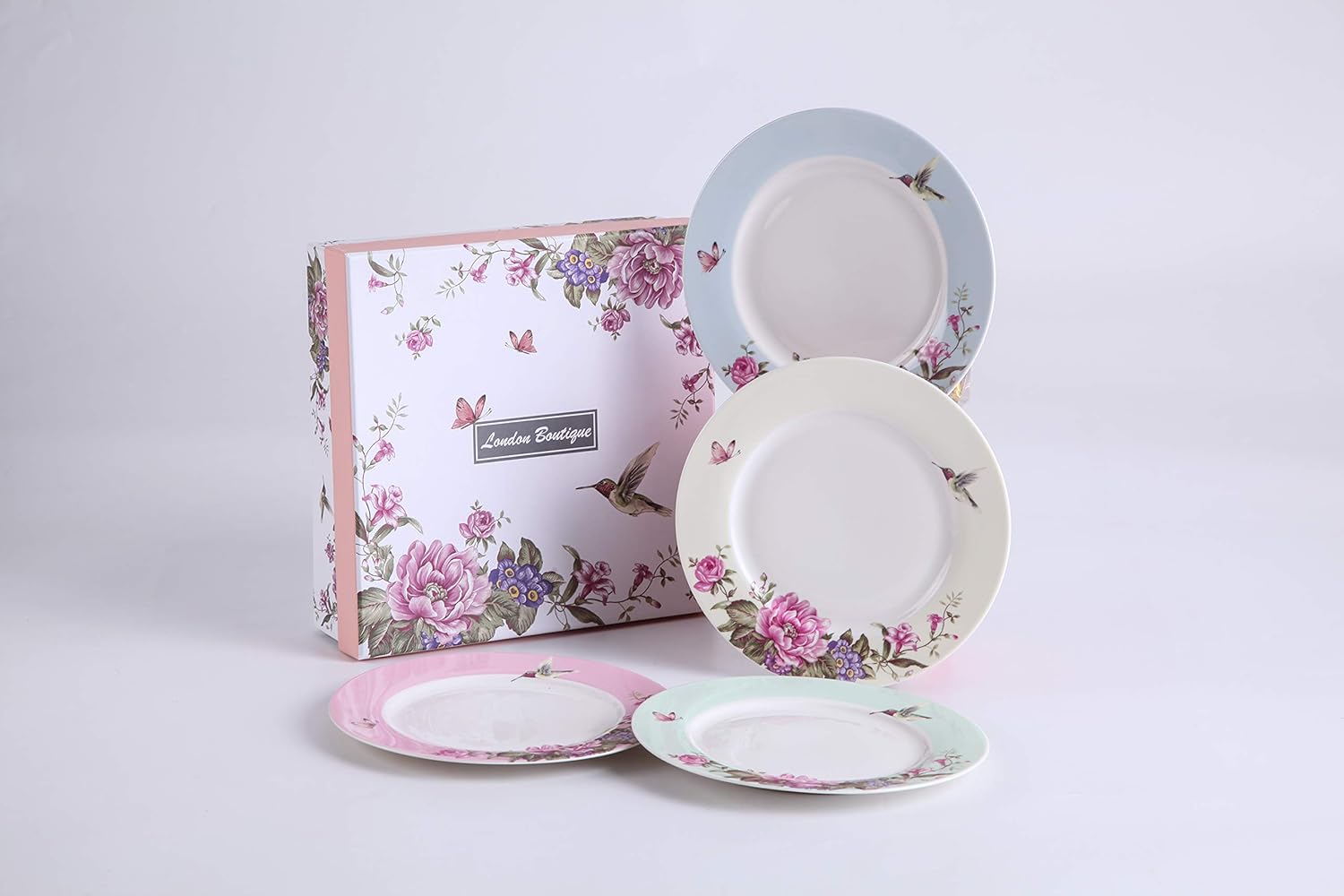 London Boutique Porcelain Side Dessert Plates 7 Inches Wide Rimmed Shabby Chic Vintage Bird Butterly Floral set 4 in Gift box (1 Set)