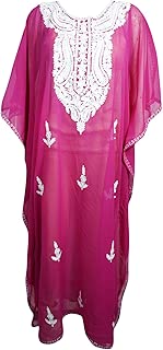 Mogul Interior Women Caftan Maxi Dress Embroidered Georgette Sheer Kaftans Dresses OneSize Pink