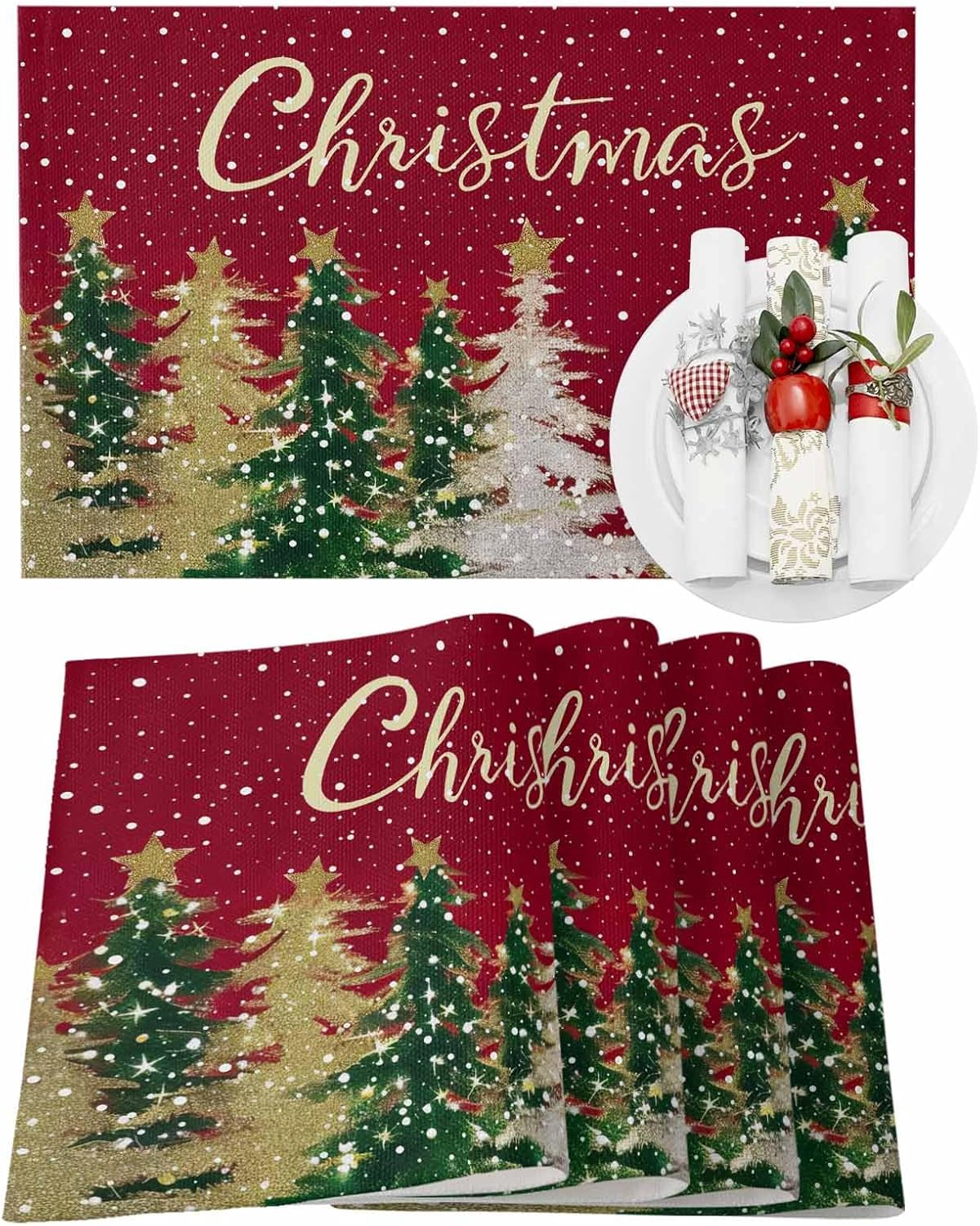 Christmas Tree Placemats Set of 12, Golden Pine Tree Placemat for Dining Table Decorations, Cotton Linen Snowflake Place Mats, Red Table Mats for Kitchen Dinner Xmas Winter Holiday Party Decor