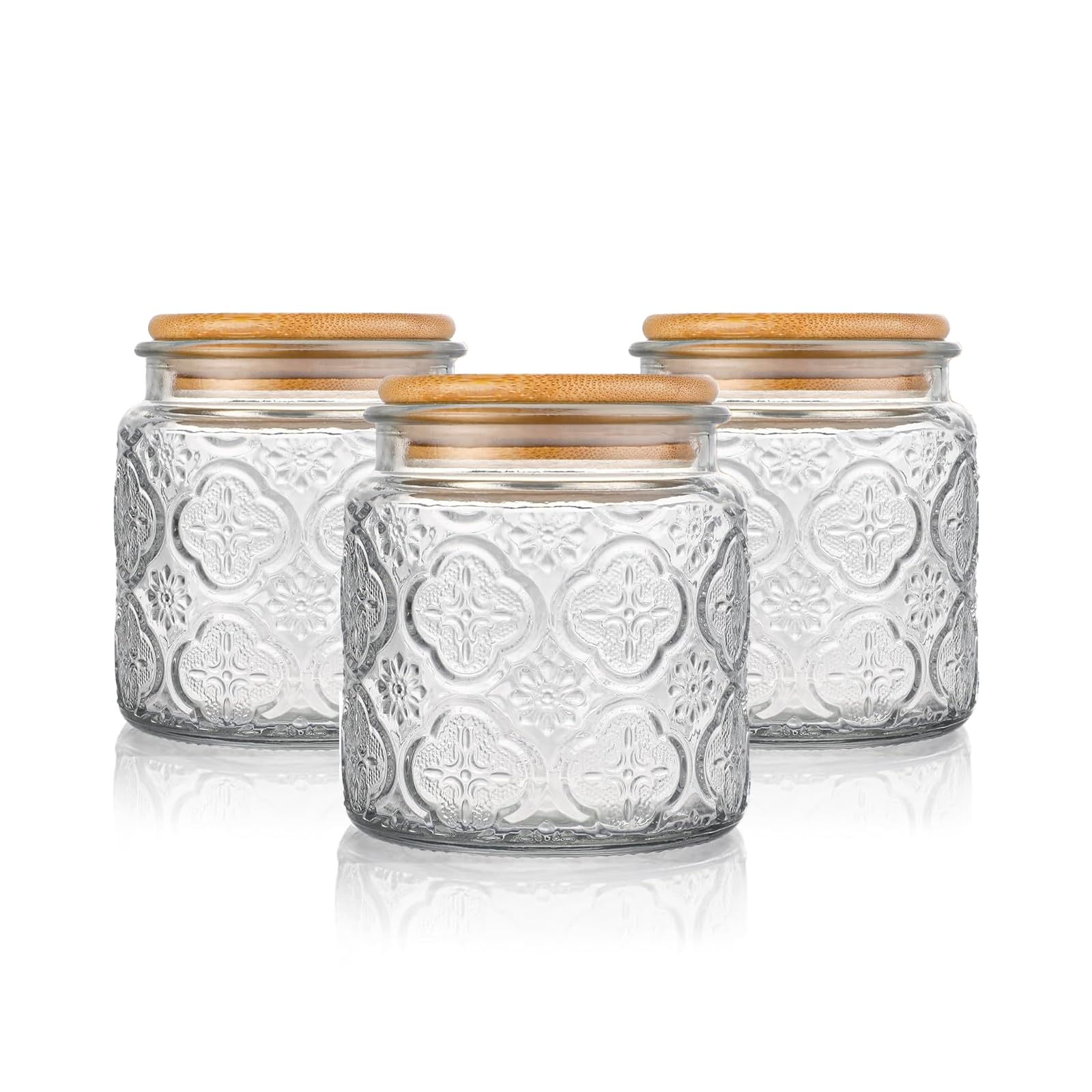 Eidoct [3-Pack Stackable Glass Canisters Set] Coffee Tea Sugar Spices Storage Jars with Airtight Wooden Lids, 500ml Begonia Floral Design Kitchen Pantry Containers (Begonia Finish)