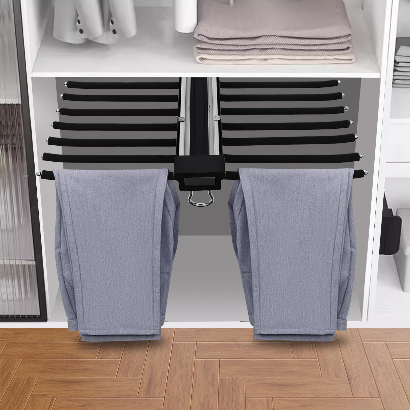 Armadio estraibile organizer per pantaloni, per cabina armadio, accessorio per camicia, gancio per pantaloni, 15 kg, 22 aste per appendere (nero)