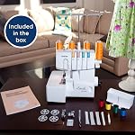 Brother Serger, 1034D, Machine de verrouillage du cadre en métal lourd, 1,300 Poitrines par minute, Trappe amovible, 3 Pieds accessoires inclus, Blanc 1, Alimentation différentielle, Threading codé par couleur, comprend Std, Blindstitch et les pieds de collecte