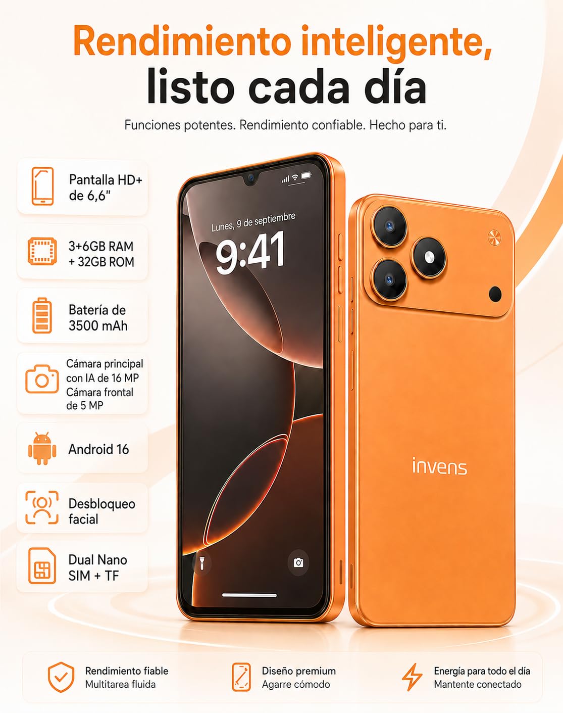 invens Note 15P Smartphone 4G Libre, Móvil Android 16 Go con Pantalla 6,52 Pulgadas, 9GB RAM + 32GB ROM, Dual SIM + TF 256GB, Cámara 16MP+5MP, Face ID, Batería Extraíble 3500mAh, USB-C, Negro