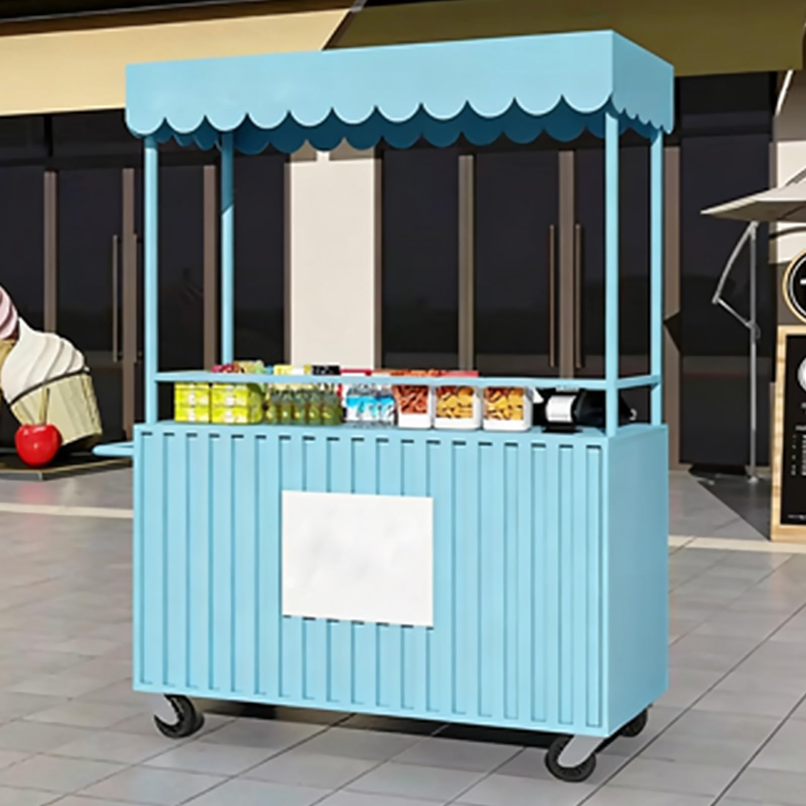 Robuster Verkaufswagen Aus Eisen, Rollender Lebensmittelwagen Mit Stauraum For Den Markt, Mobiler Verkaufswagen Mit Überdachung, Nachtmarkt, Food Court, Anpassbares Logo