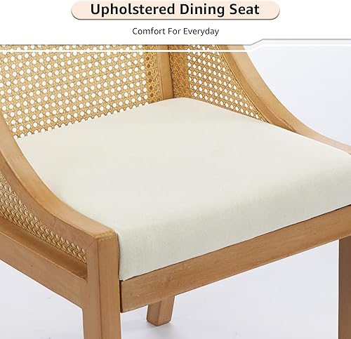 Miniatura 5 de French Country - Juego de 4 sillas de comedor de ratán beige, sillas de comedor de madera con respaldo de caña y asiento tapizado de lino, marco de