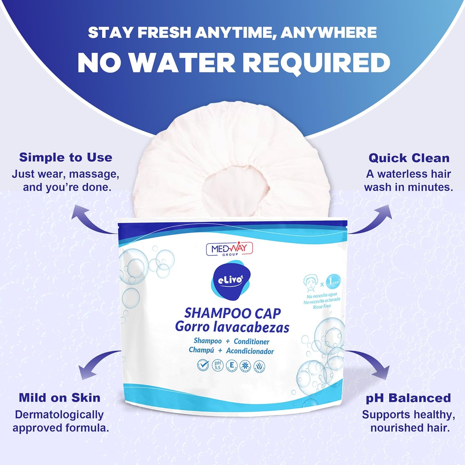 MedVance No Rinse Shampoo Cap | Rinse Free Shower Cap that Shampoos & Conditions | PH Balanced & Hypoallergenic Waterless Hair Wash | 4 Pack - Image 2