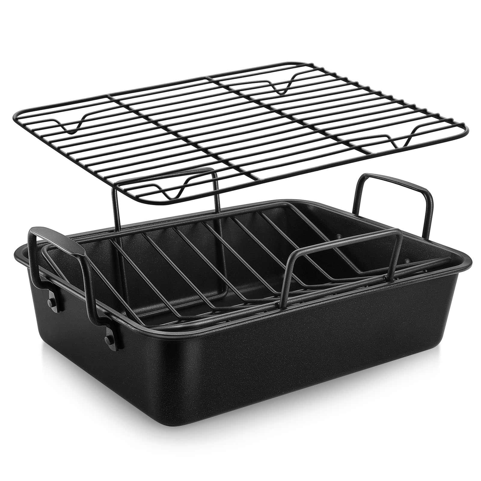 HaSteeLRoasting Pan, 15.2" Turkey Roaster Pan Set of 3, Non Stick Chicken Roasting pan with V Shape Rack Baking Grate for Thanksgiving Day, Great for Ovens Electric Ceramics, Dishwasher Safe, Black
