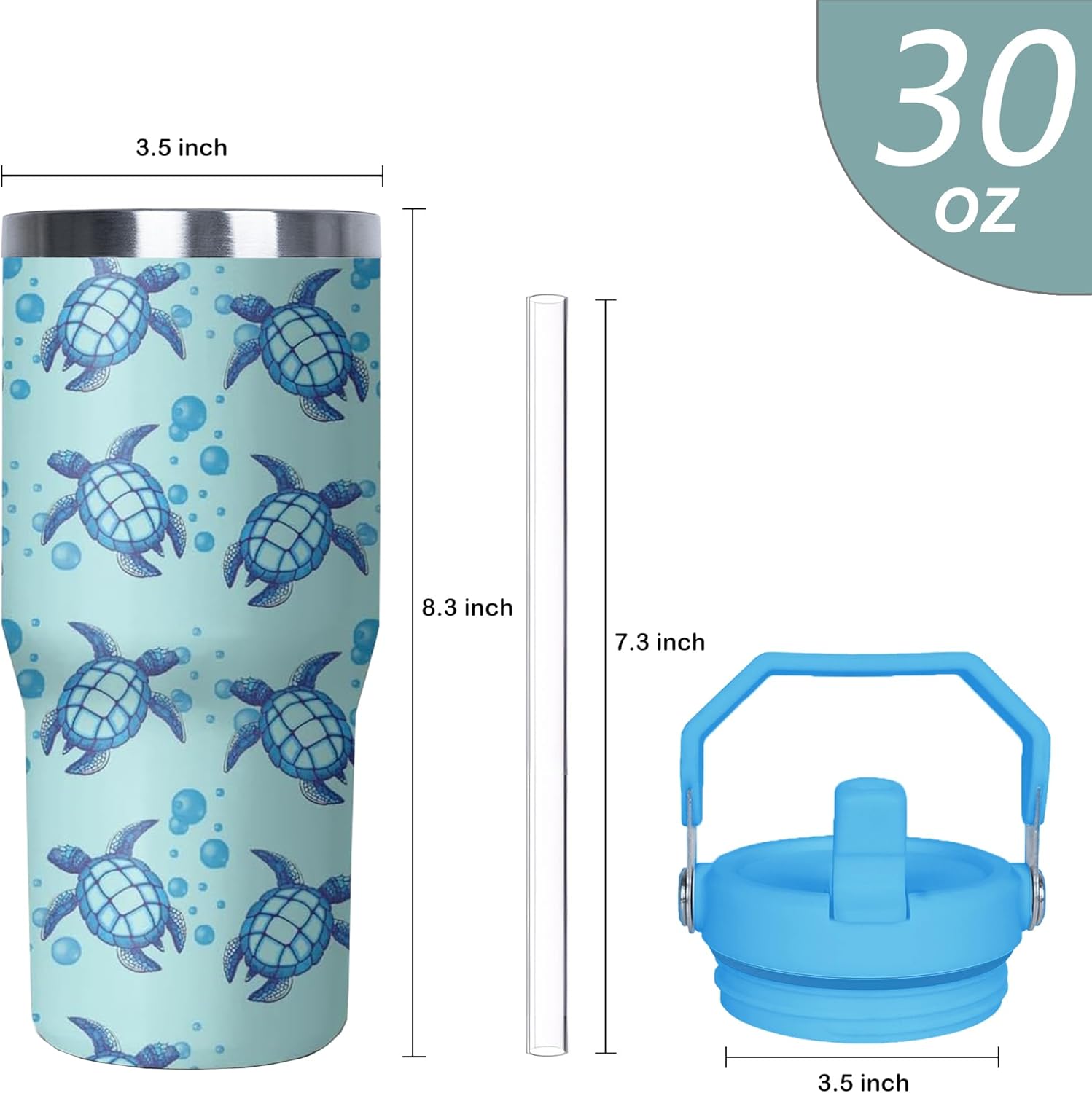 30 oz Blue Sea Turtle Tumbler with Handle and Flip Straw, Stainless Steel Insulated Cup with Lid and Straw, Travel Coffee Mug Water Bottle,Christmas Birthday Mothers Day Gifts for Women Animal Lovers - Image 2