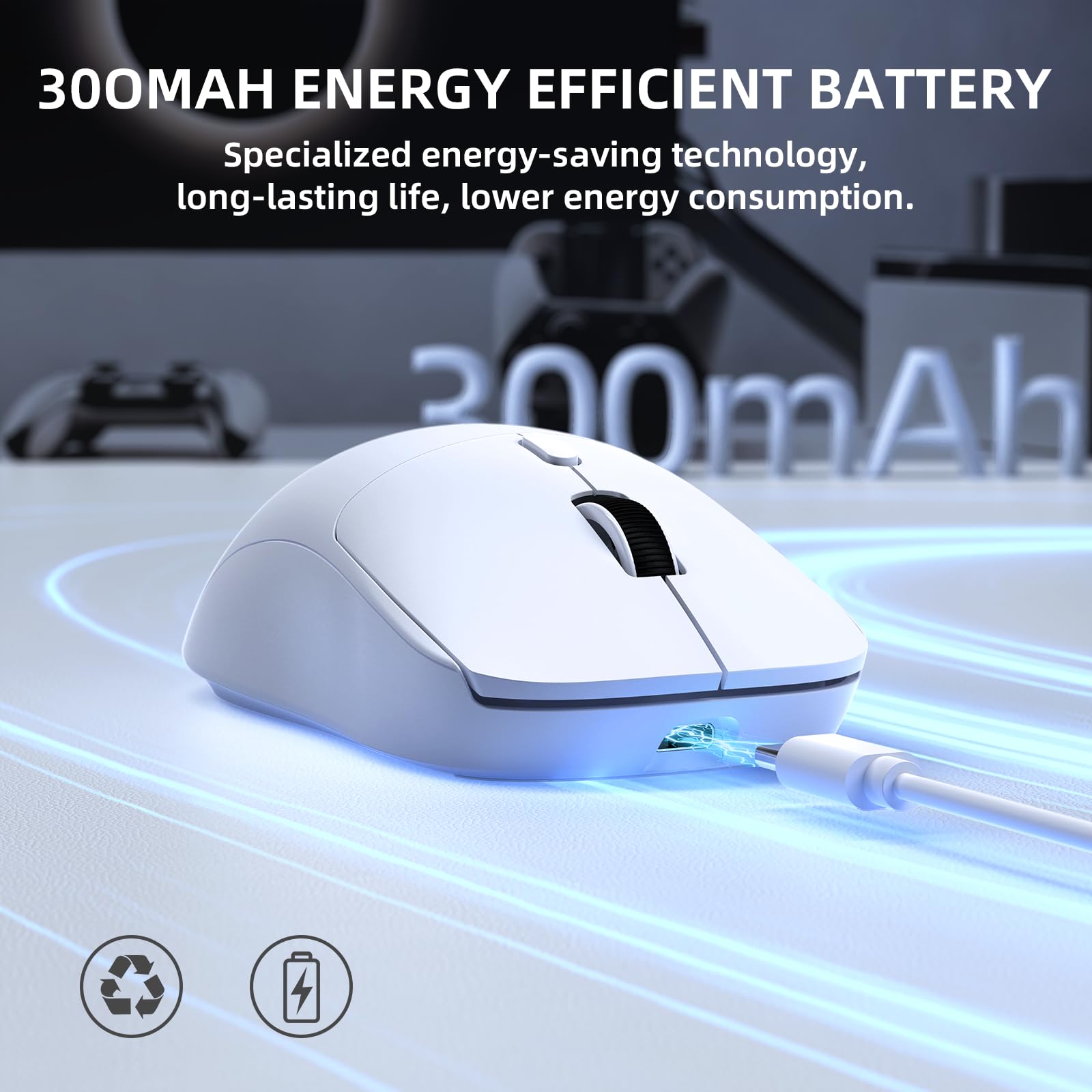 A.JAZZ SUPERLIGHT NJ07 Mouse Wireless Per Computer, BT/2,4G/USB-C, Leggero 67g, 12800 DPI, Batteria da 300 mAh, 1K Polling Rate, Ergonomico, Mouse da Gioco Ufficio Silenzioso e Senza Fili - Bianco