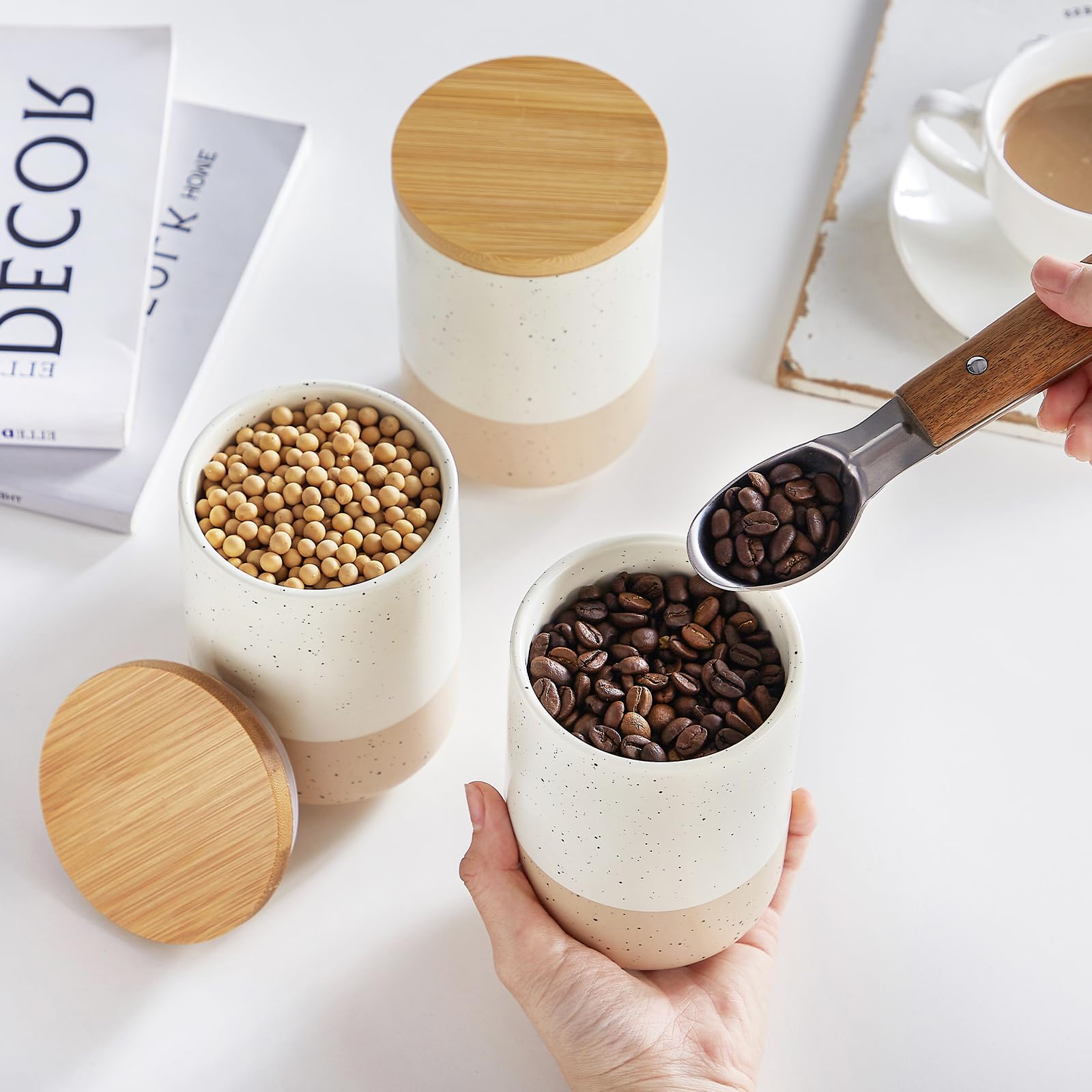 vancasso Sabine Barattoli di Cucina Ermetici con Coperchio da 600 ML, Barattoli per Sale Zucchero Caffè in Gres, Vasetti Cucina per Caffè/Tè/Zucchero/Spezie/Farina/Fagioli, Set di 4