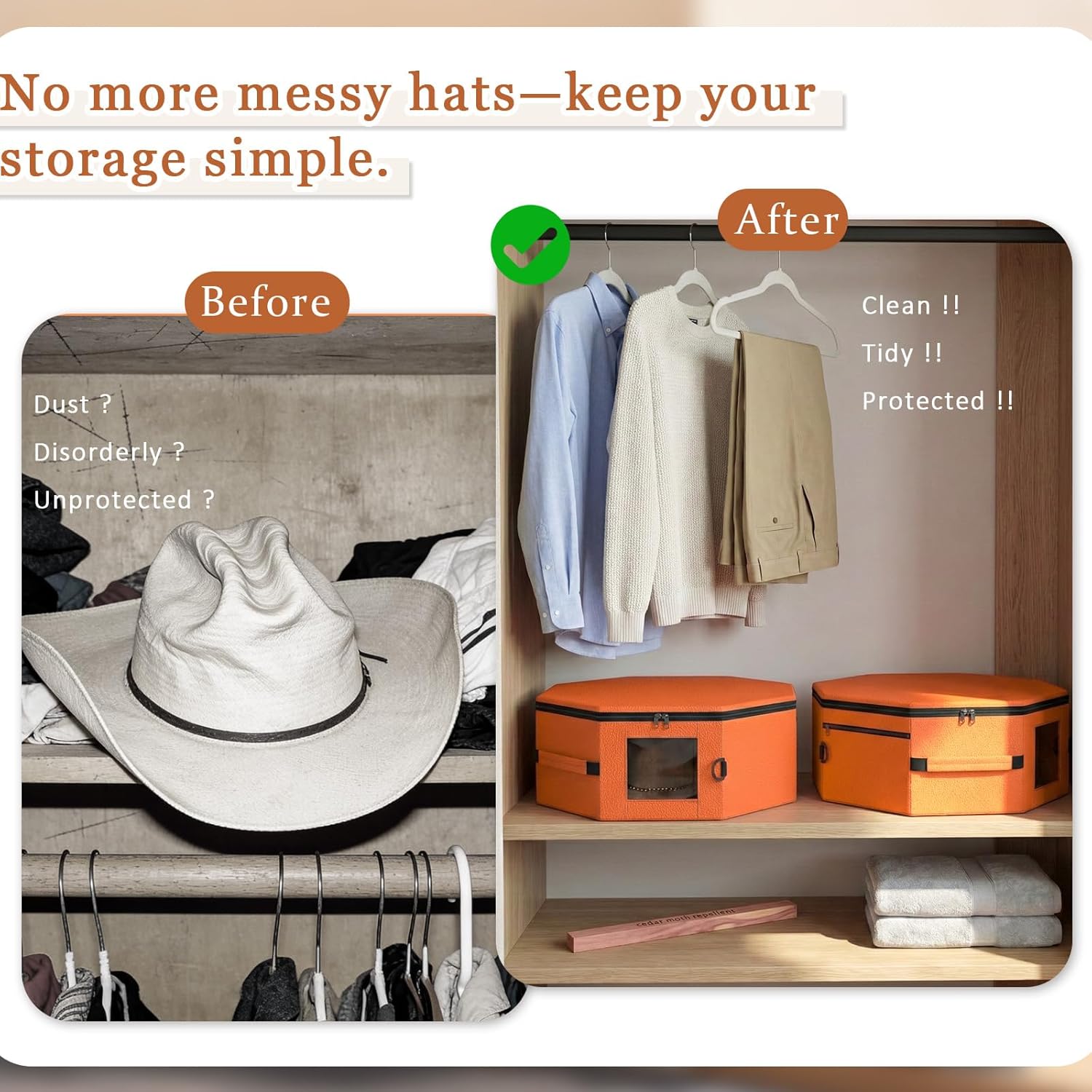 Upgraded Vegan Leather Hat Storage Box,Fits 5 Cowboy or Wide-Brim Hats, Structured Padded Hat Carrier with Shoulder Strap and Clear Window, for Travel or Home Organization, Orange