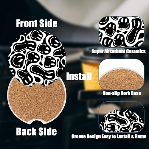 Miniatura 3 de Portavasos para automóvil, posavasos de cerámica absorbente de cara sonriente hippie negro, paquete de 2, posavasos antideslizantes para portavasos