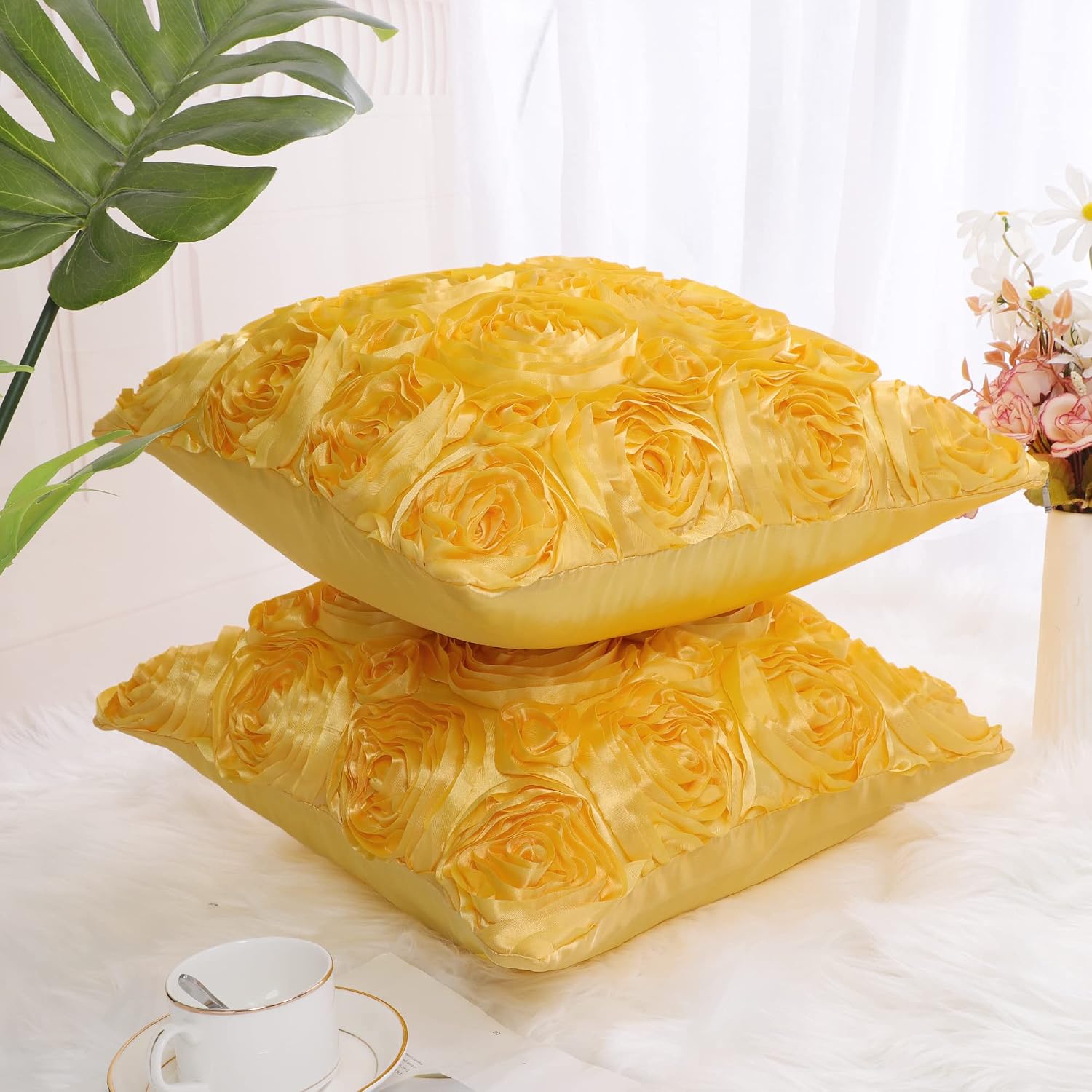 PiccoCasa 2 Pcs 3D Flowers Throw Pillow Cover, Romantic Decorative Satin Cushion Cover, Stereo Roses Pillow Cover for Bed Sofa Couch, 16'' x 16'', Gold Tone