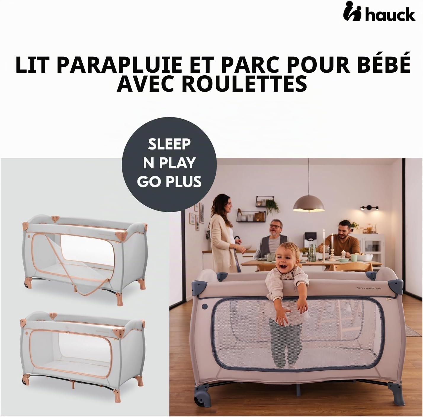 hauck Lit Parapluie avec Ouverture et Roues Sleep N Play Go Plus Dusty Cork | Pliage compact. sac de transport I De la naissance à 15 kg/3 ans, lit bébé et parc (sans matelas)