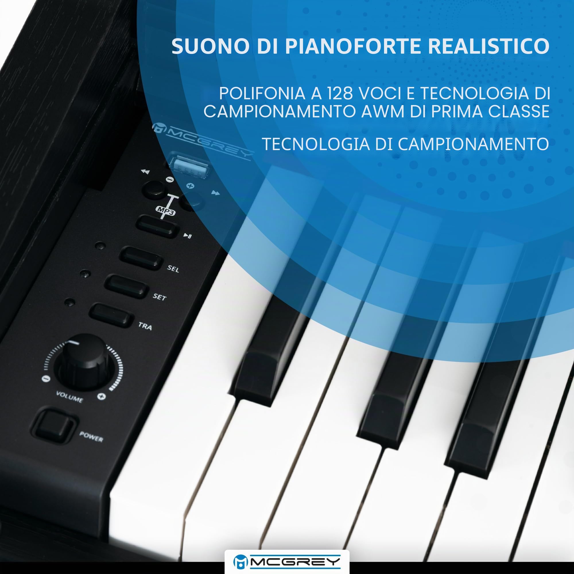 McGrey DP-19 SM Pianoforte digitale - 88 tasti pesati con azione a martello e risposta al tocco - 8 suoni - 32 ritmi di accompagnamento - design sottile - Tasteria e 3 pedali - Nero opaco