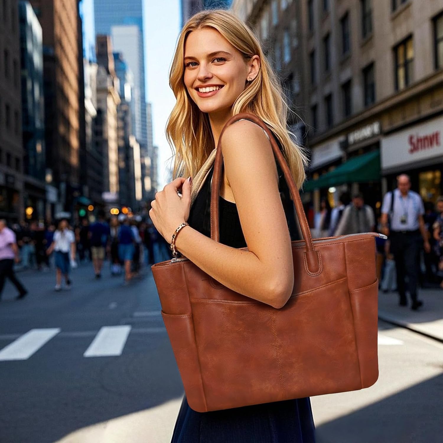 monrich Large Tote Bag for Women Work Vegan Leather 23L Womens Tote Purse with Zipper Ladies Handbags - Image 2