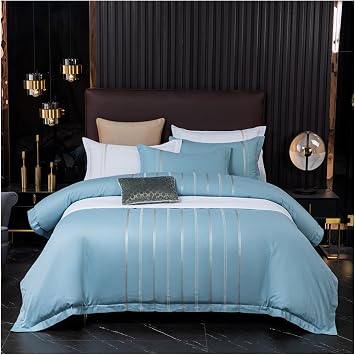 100% Cotton Bedding Set Vertical Stripes Embroidery Duvet Cover 4pcs Soft Comfor Bed Sheet Pillowcases A 220X240cm