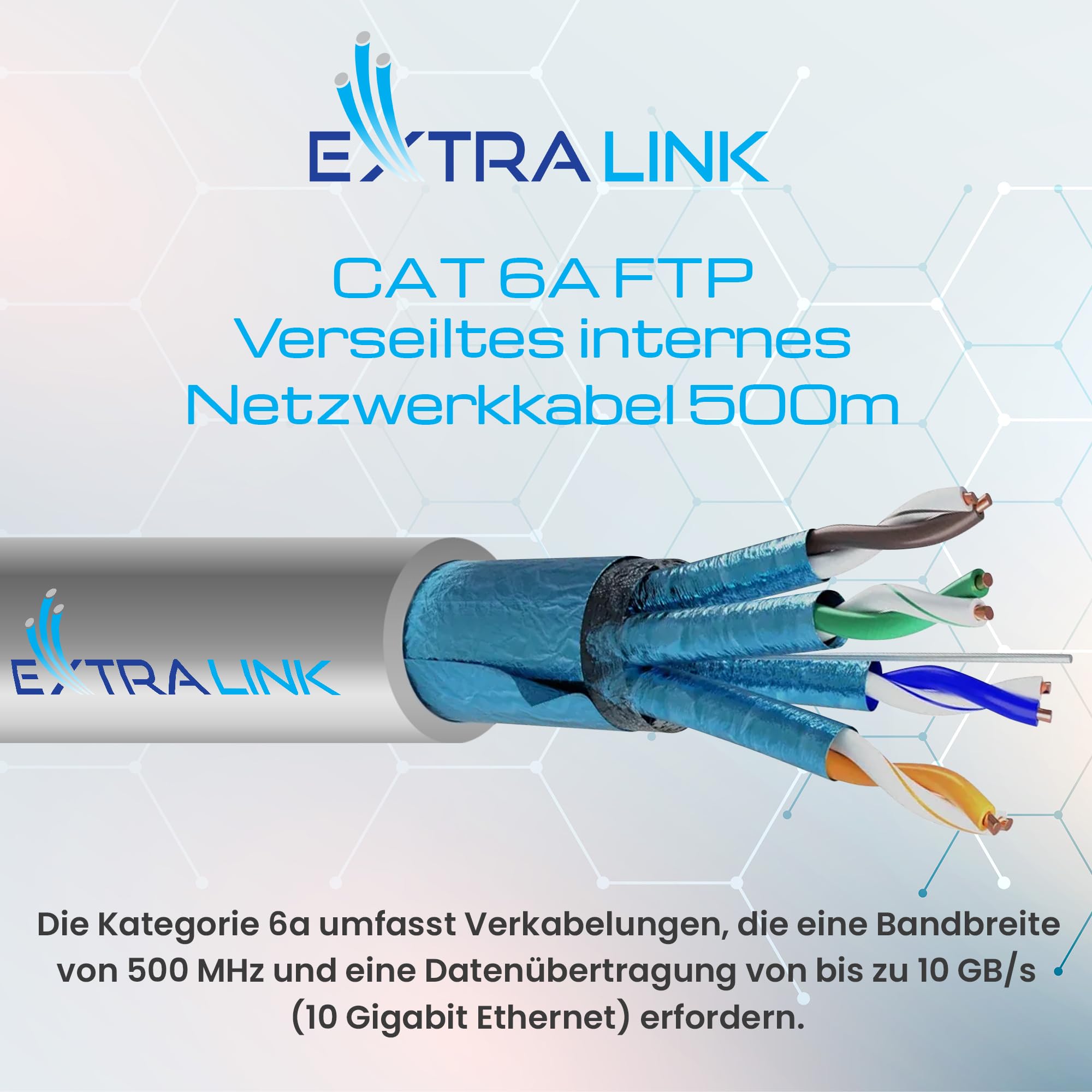 EXTRALINK CAT 6A FFTP F/FTP Indoor Ethernet Kabel 500 Meter LSZH Intern Twisted Pair Internet LAN Verlegekabel AWG24 CCA UTP RJ45 Kupfer Installationskabel