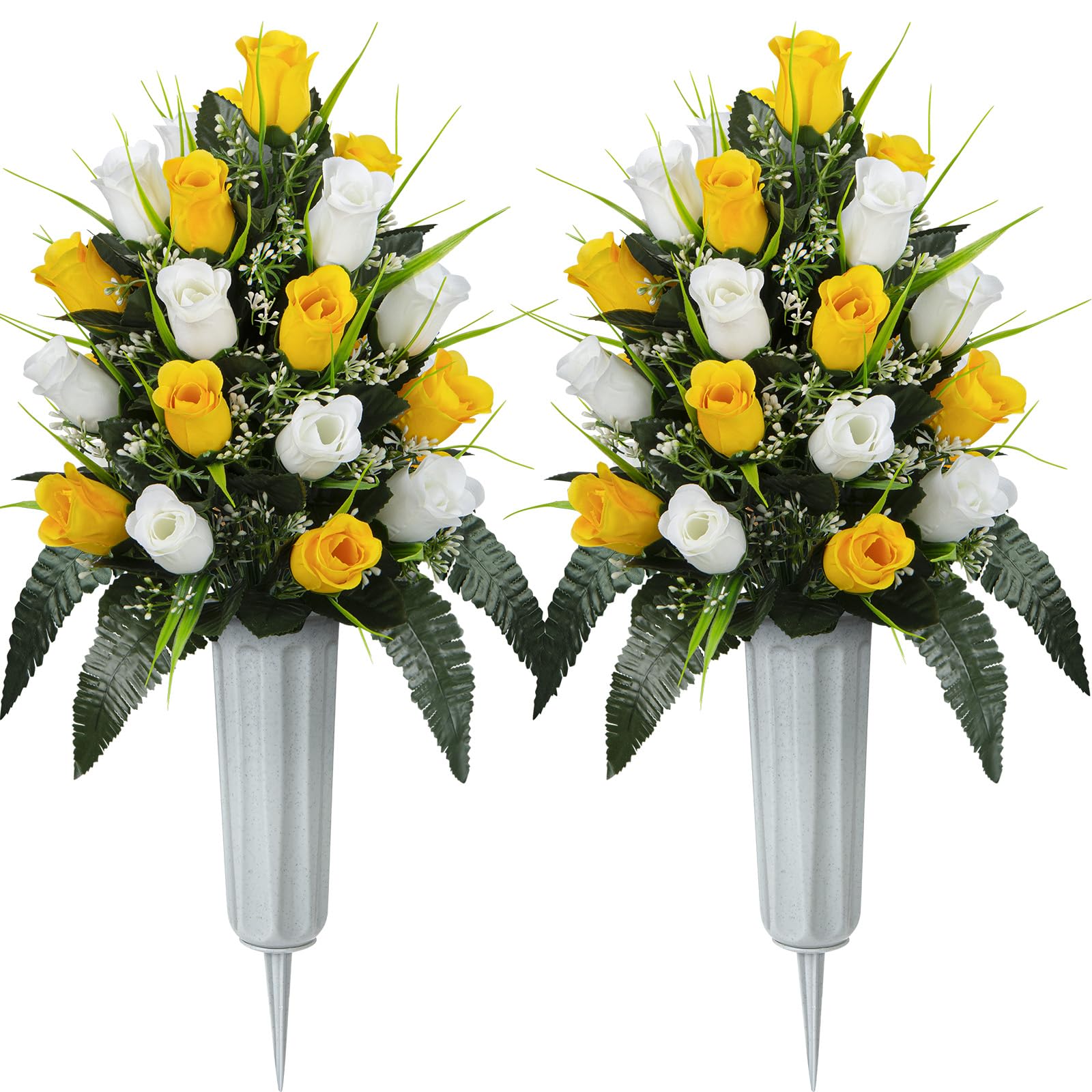 SIFOEL Artificial Cemetery Flowers - Set of 2 Grave Memorial Rose Flowers with Vase for Cemetery Headstones Gravesites Decoration (Yellow&White)