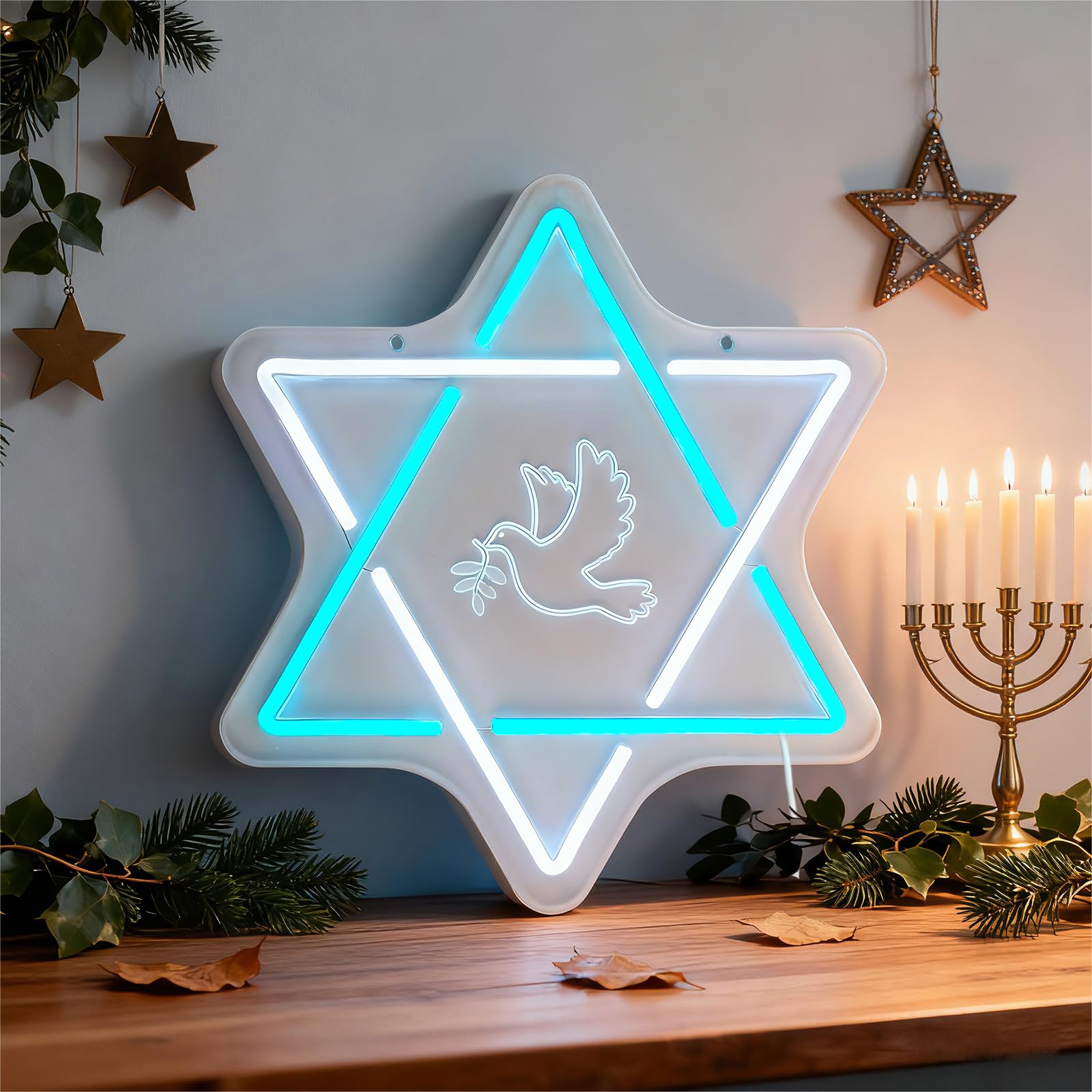 Star of David Hanukkah - Insegna al neon a LED, decorazione per la casa, decorazione da parete Happy Hanukkah, alimentata tramite USB, regalo per le vacanze della Menorah ebraica in camera da letto