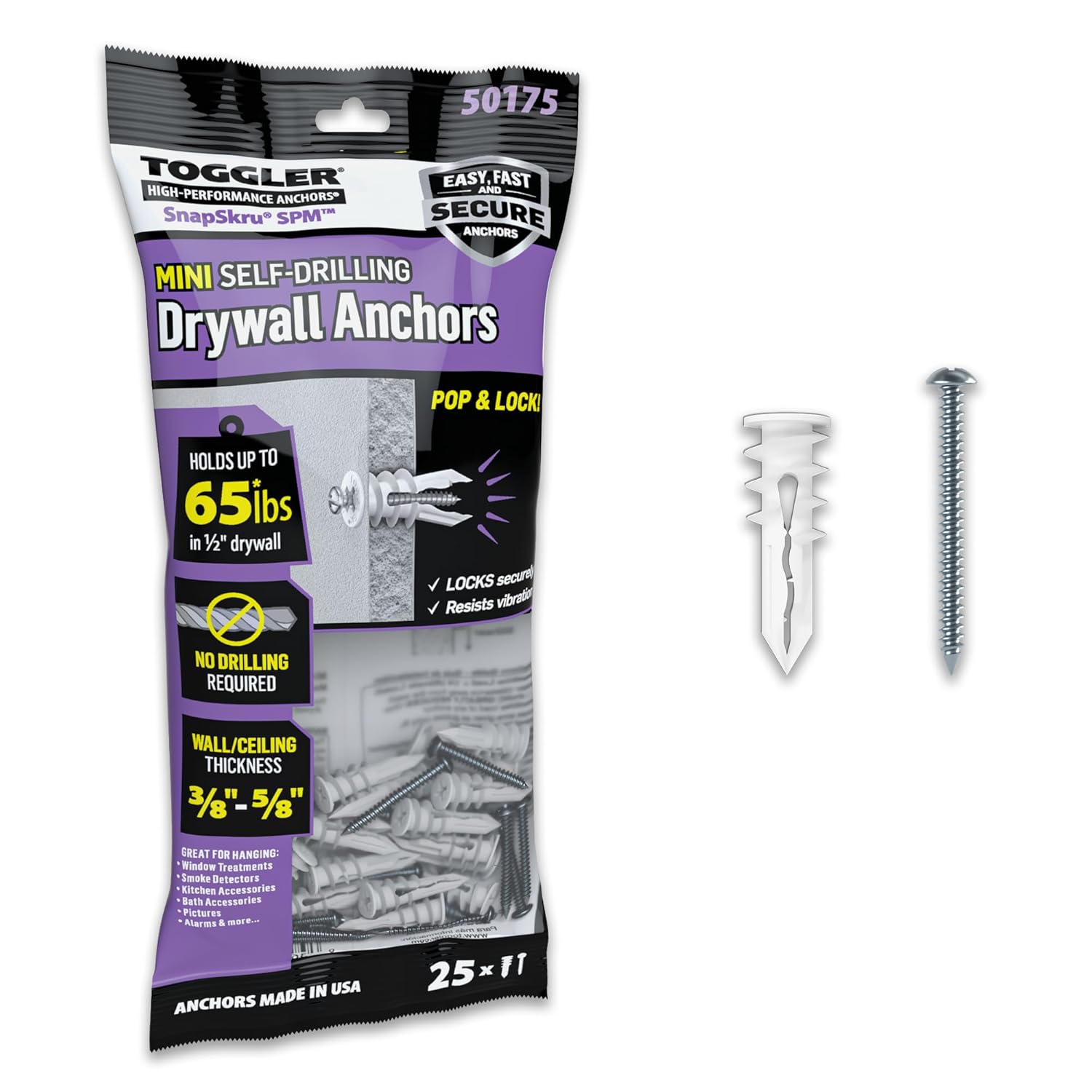 TOGGLER SnapSkru SPM Mini Self-Drilling Drywall Anchor with Screws, Glass-Filled Nylon, Made in US, for #6 to #8 Fastener Sizes (Pack of 25)