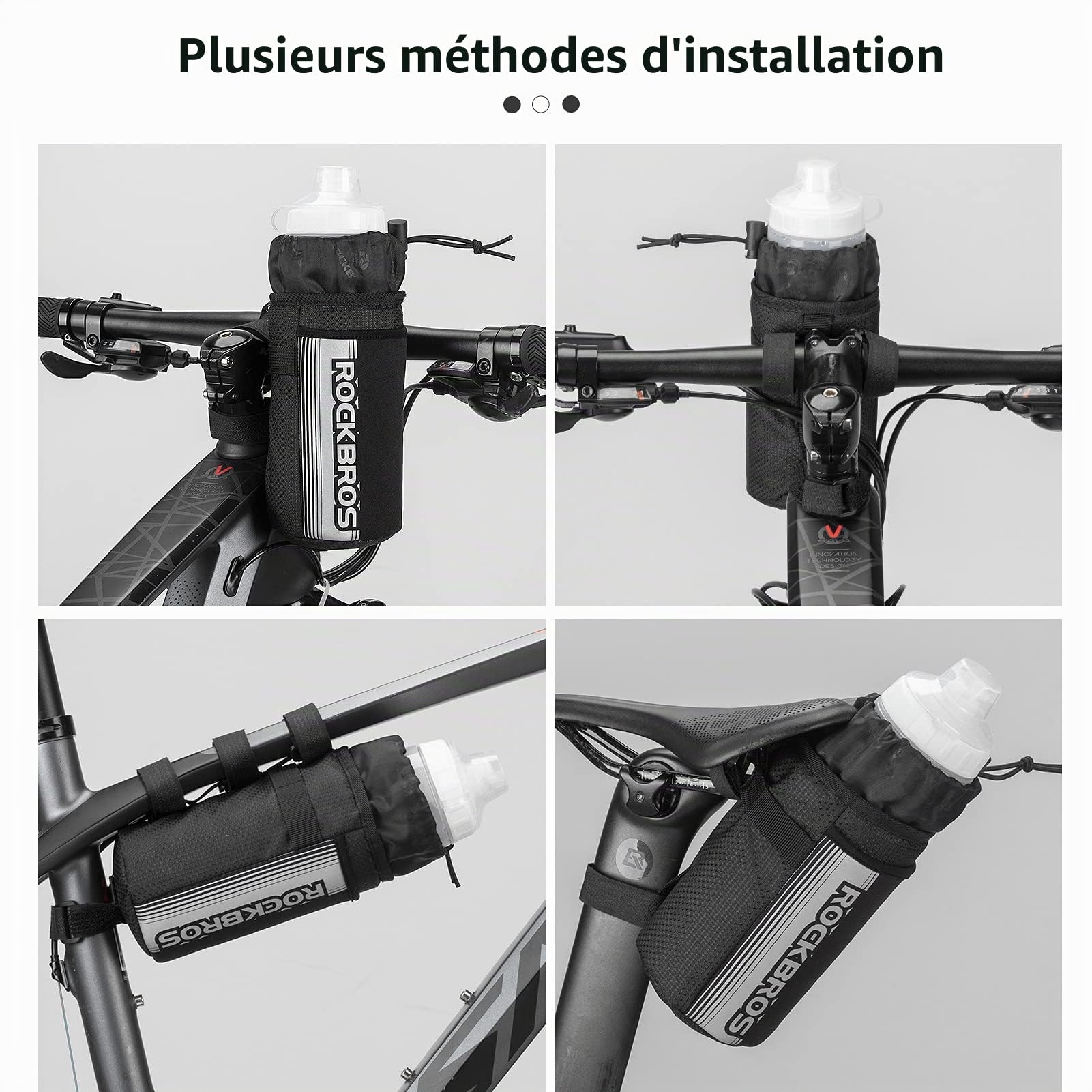 ROCKBROS Porte-bidon de Vélo, Sacoche de Guidon pour Gourde 1 Litre Sacoche de Vélo Isolée avec Porte-Bouteille d'eau et Poche pour Téléphone Portable Noir