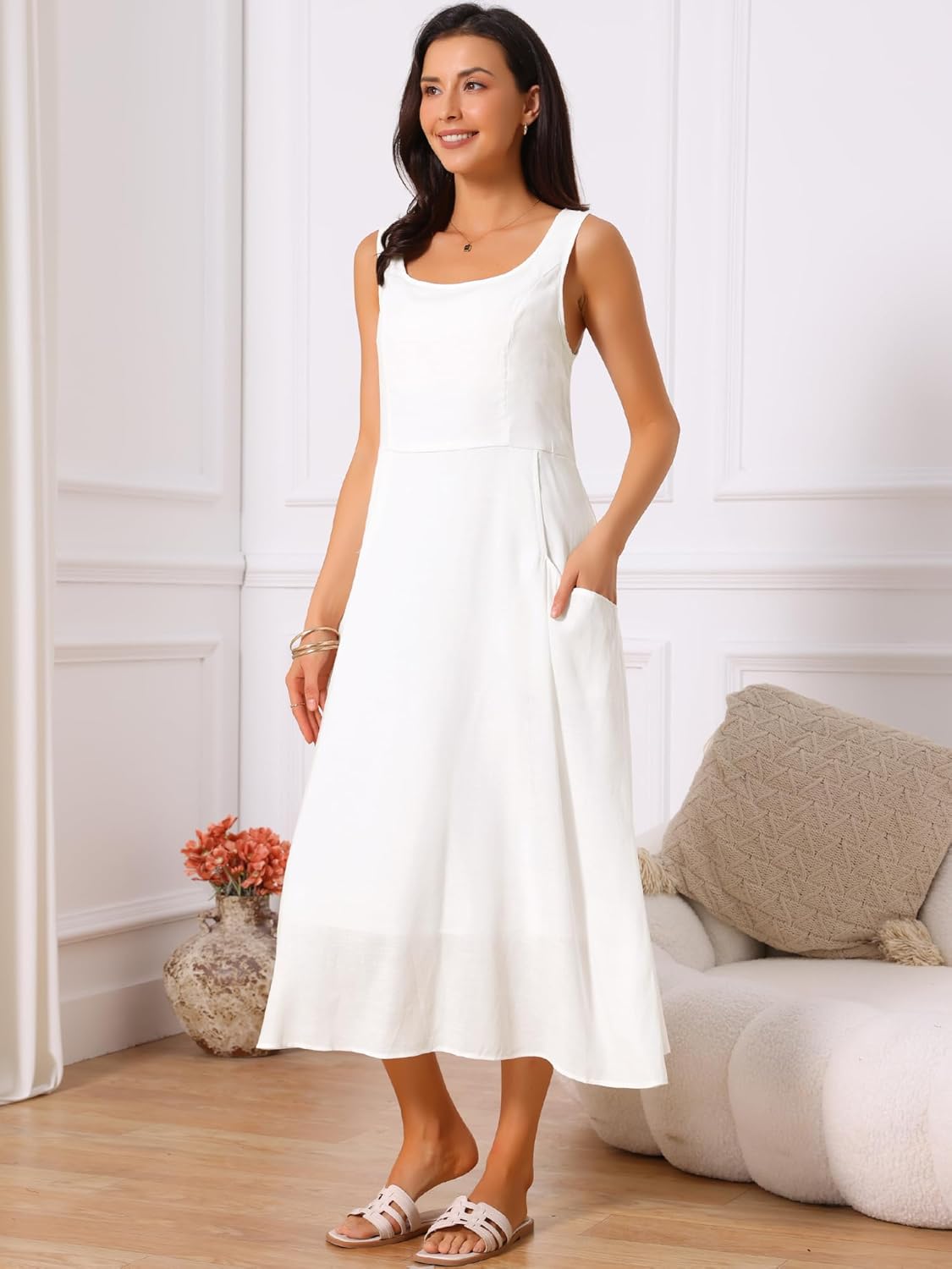 Seta T Women's Linen Dresses Summer Sleeveless Sundress Casual Loose Flowy Midi Tank Beach Dress - Image 3