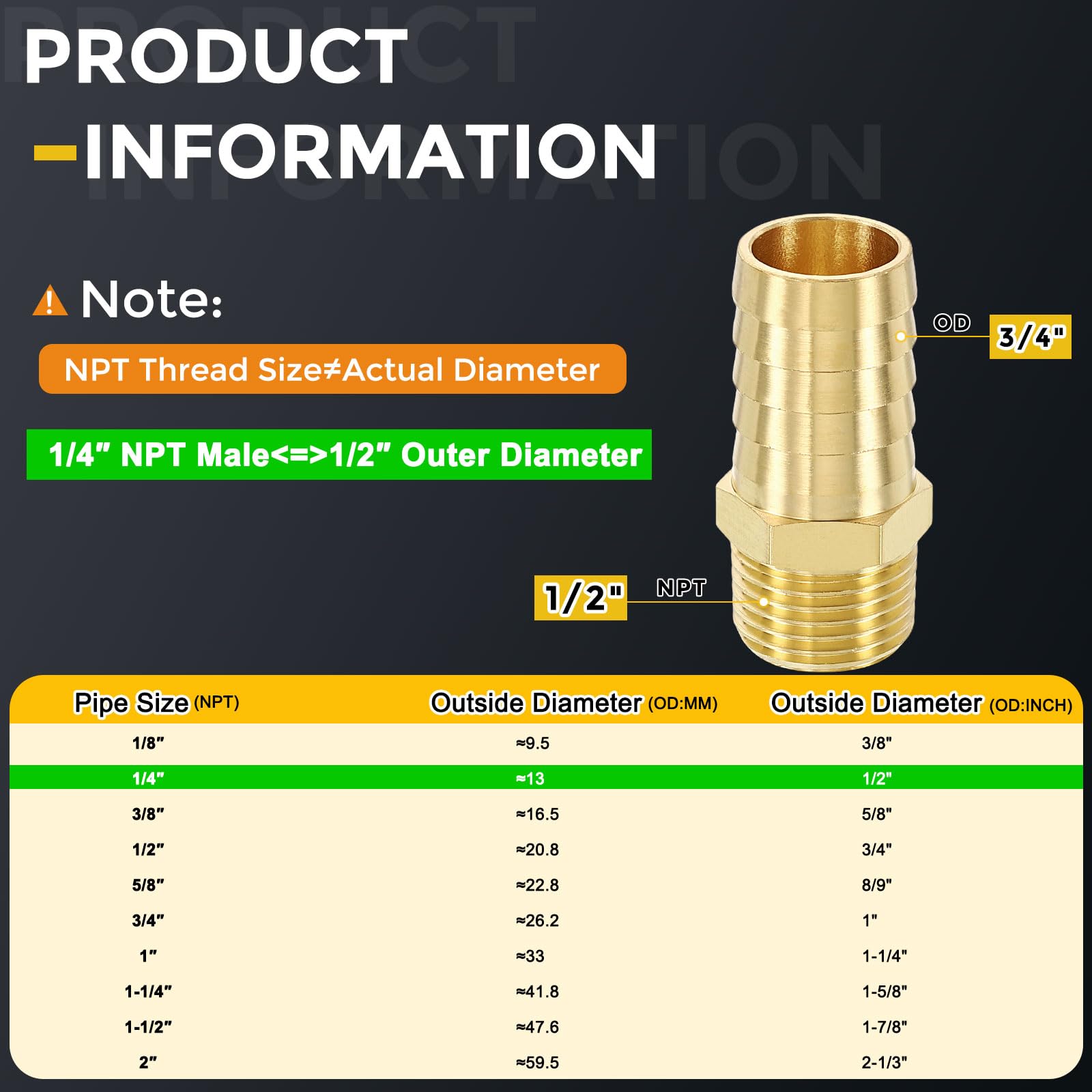 METALLIXITY 5Pcs Brass Hose Barb to NPT Male Adapter 3/4" Barb x 1/2" NPT Male for Automotive Motorcycle, Marine, Truck - Image 2