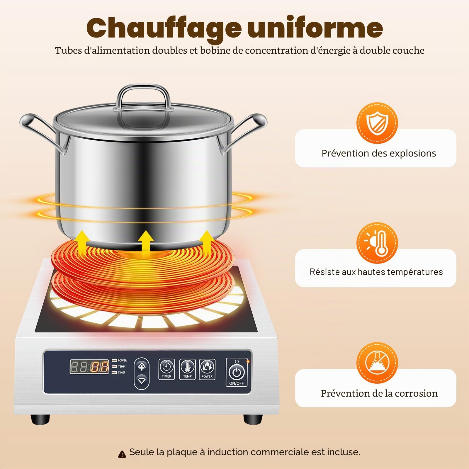 Plaque de cuisson à induction 220 V 3500 W - Plaque de cuisson à induction professionnelle en acier inoxydable avec 11 niveaux et minuterie 24 h - Pour restaurants, camping - 35 x 42 cm