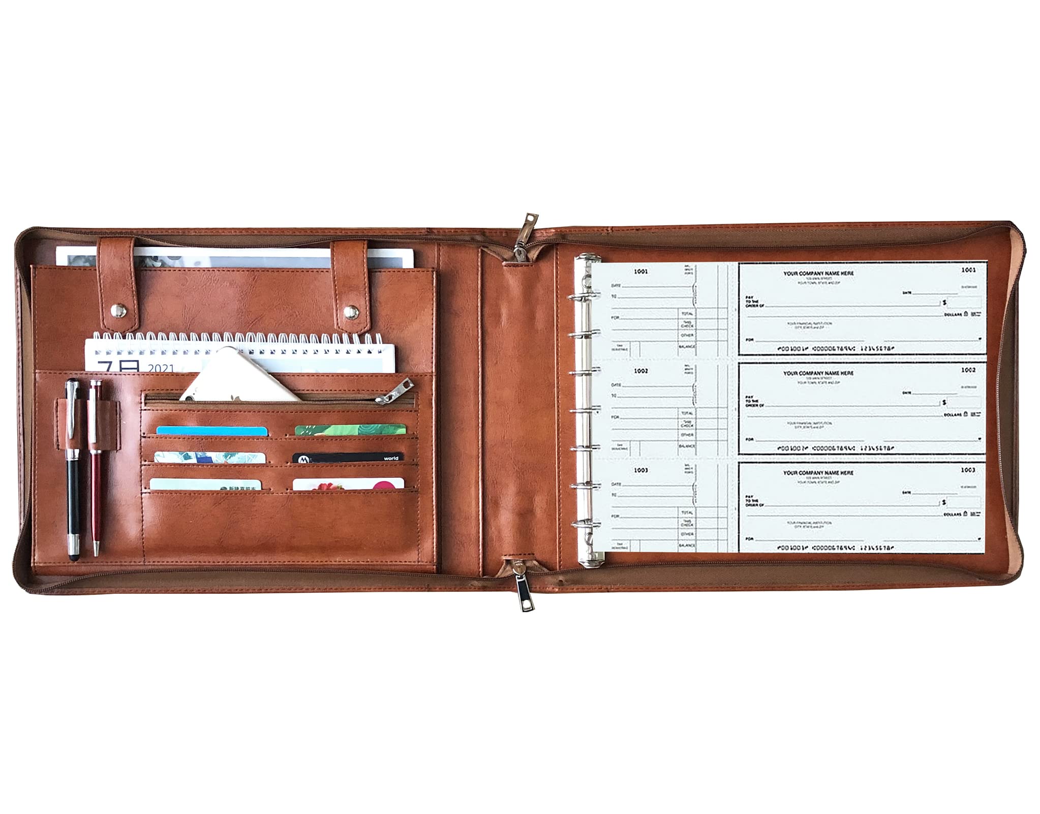 Raccoglitore a 7 anelli, in pelle vegana, con cerniera, per libretto degli assegni aziendali, con manico, 600 controlli di capacità per fogli da 22,9 x 33 cm (standard, marrone)