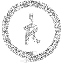 HH Bling Silver Gold Iced Out Baguette Initial Letter Necklaces for Men Women, Big Cz Diamond Capital Letter Pendant A-Z with Rope Tennis Chains
