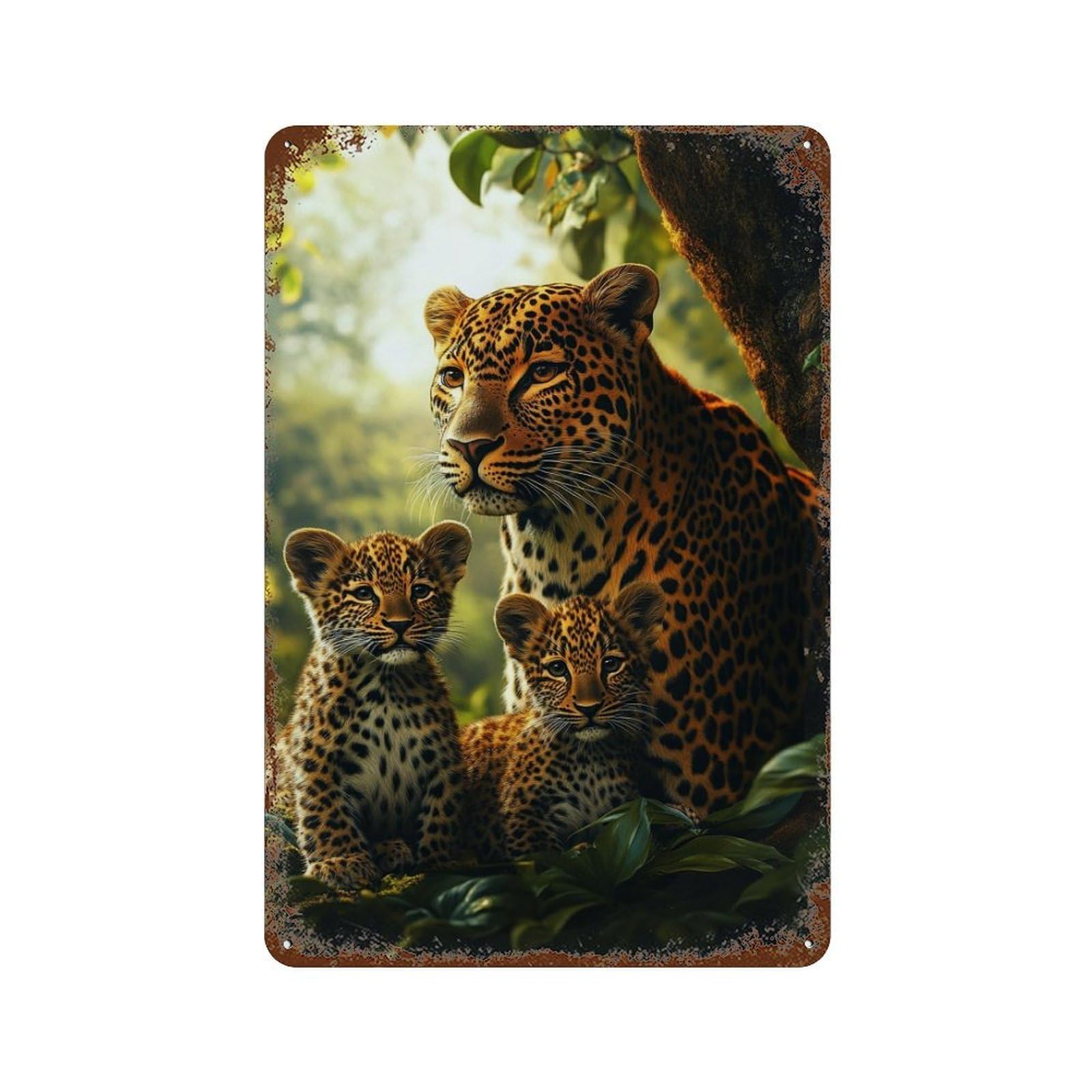 Leopard Family in Amazon Rainforest-3 Decorative Tin Sign 11.8"x7.9", for Bistro, Counter And Cafe Decor, Classic Wall Plaque