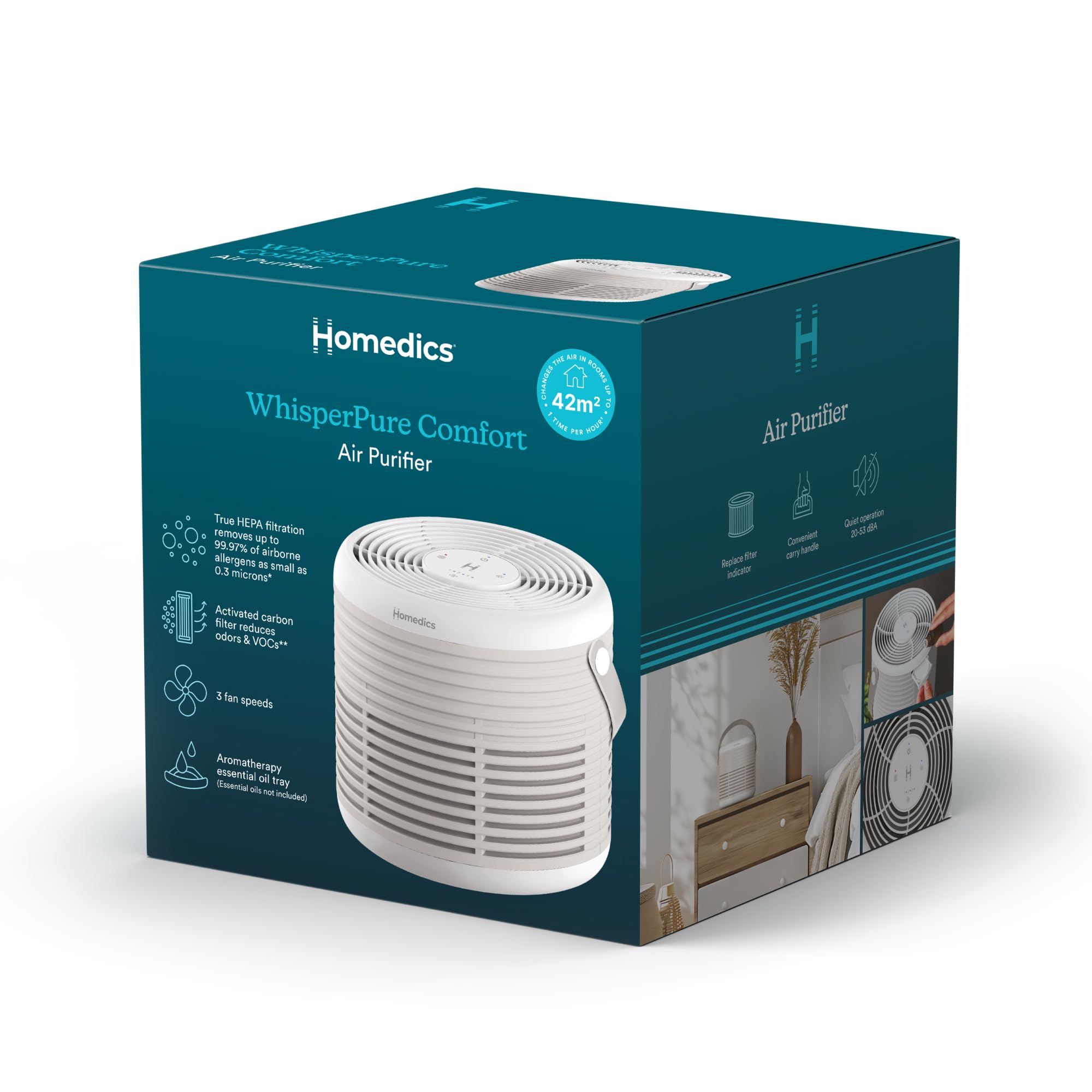 Homedics WhisperPure Comfort Luftreiniger, True HEPA, Beige | Für Zuhause & Büro, Leise, Tragbar, 3-in-1-Filtration, Gegen Staub, Pollen & Gerüche, 3 Geschwindigkeiten