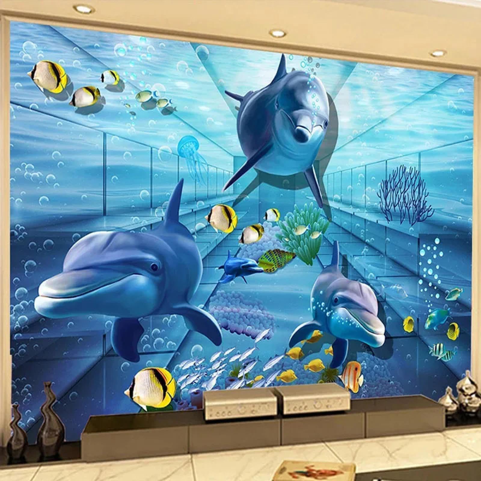 Papier peint 3D de salon motif requins et faune marine en vinyle haute finition