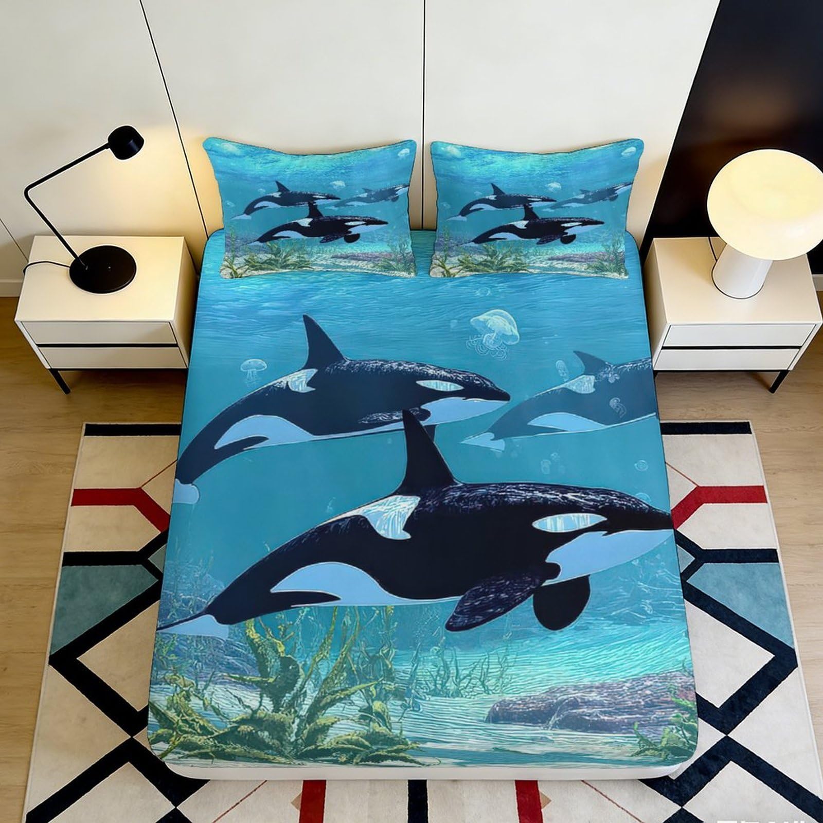 3D Printed Ocean Orca Fitted Sheet Microfiber Anti-Slip Marine Whale Mattress Cover for Bedroom Dorm Easy Care Decor 180x200x25cm