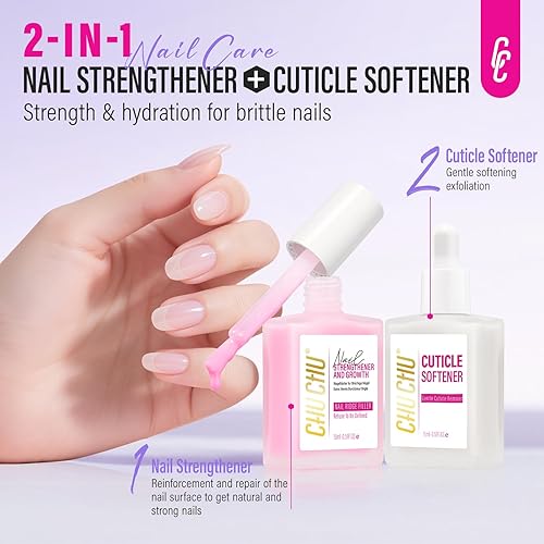Miniatura 2 de CHUCHU Kit de fortalecedor de uñas y removedor de cutículas 2 unidades de 0.5 fl oz de proteína rosa lechoso de secado rápido esmalte de reparación