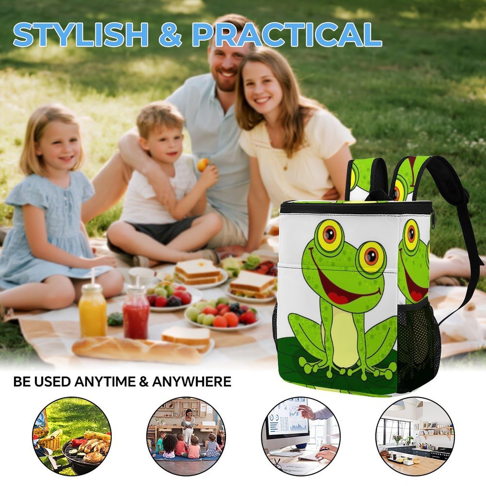 Happy Frog - Mochila térmica térmica a prueba de fugas de tela de sarga de poliéster resistente con correas acolchadas ajustables, bolsa térmica para picnic, camping, actividades al aire libre