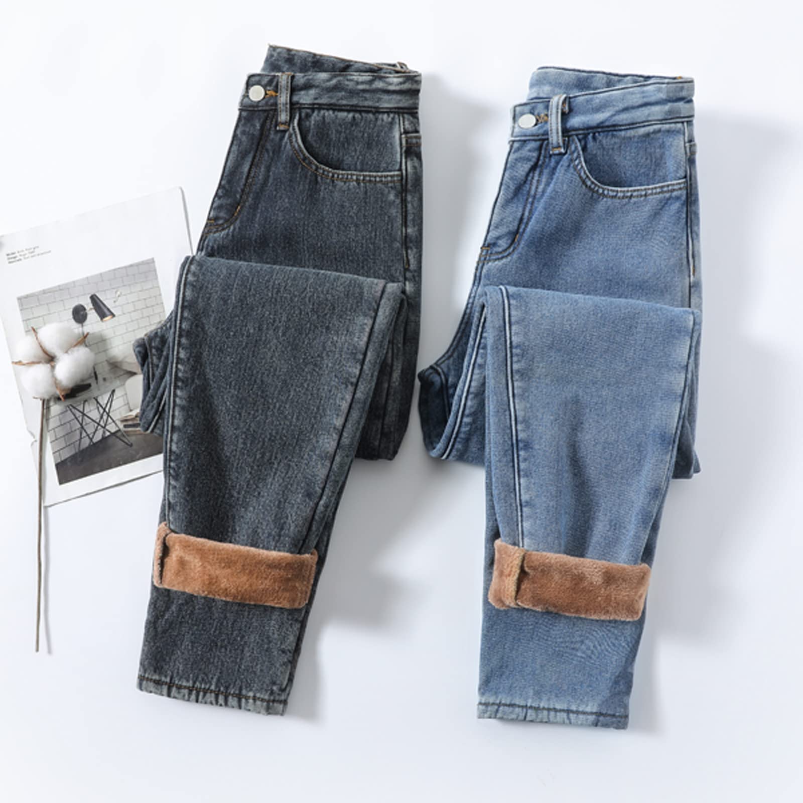 Pantalones térmicos para mujer, de invierno, con forro polar, pantalones térmicos para niña, pantalones vaqueros para mujer, cintura alta, elásticos, vaqueros, con forro polar, pantalones de invierno