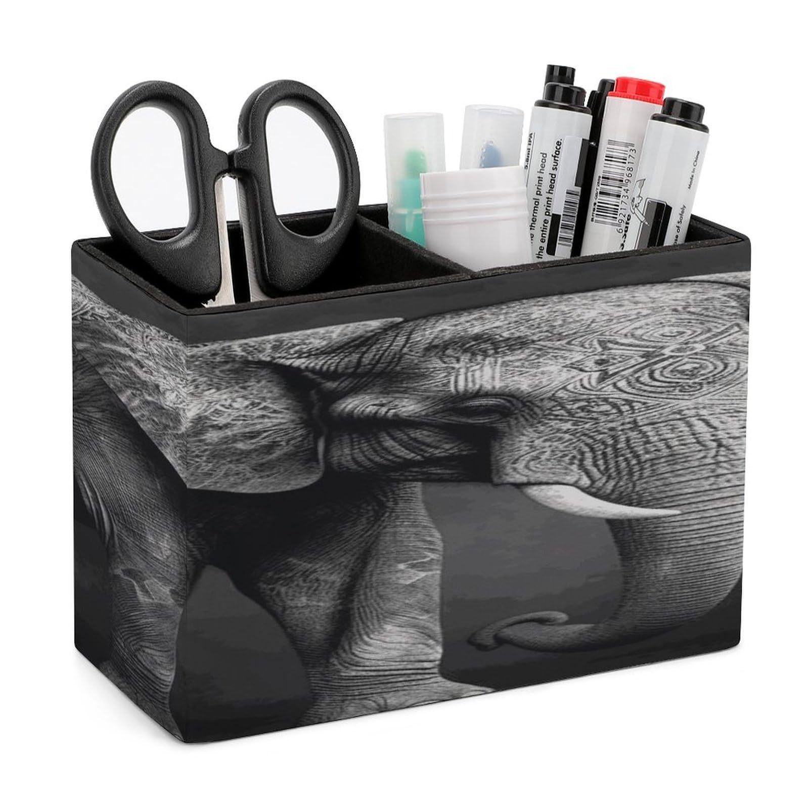 Porte-stylos en cuir rigide motif éléphant élégant pour pinceaux et crayons
