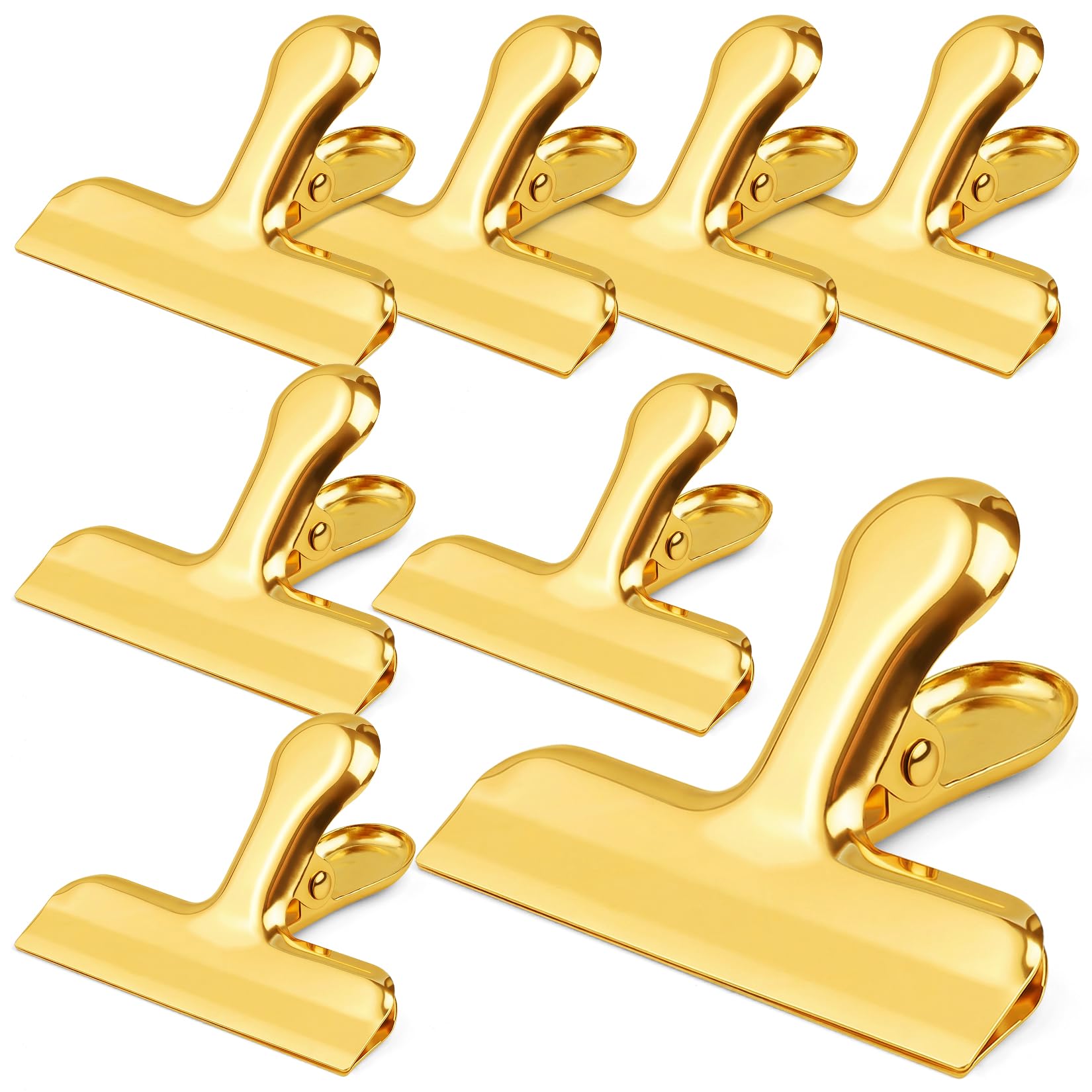 Funfery Gold Chip Clips Bag Clips Large Stainless Steel Clip for Food Storage,Air Tight Seal Chip Bag Clip 3 Inch Strong Food Clipp for Snack,Chips,Kitchen Decor,Home&Office Paper Heavy Duty-8 Pack