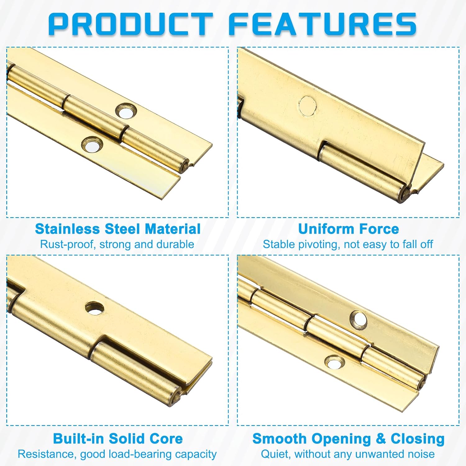 uxcell 2 Pack Piano Hinge, 12" Stainless Steel Continuous & Piano Hinges 1.2" Open Width 0.06'' Thick Heavy Duty Piano Hinges with Screws for Piano, Cabinets, Doors, Gold