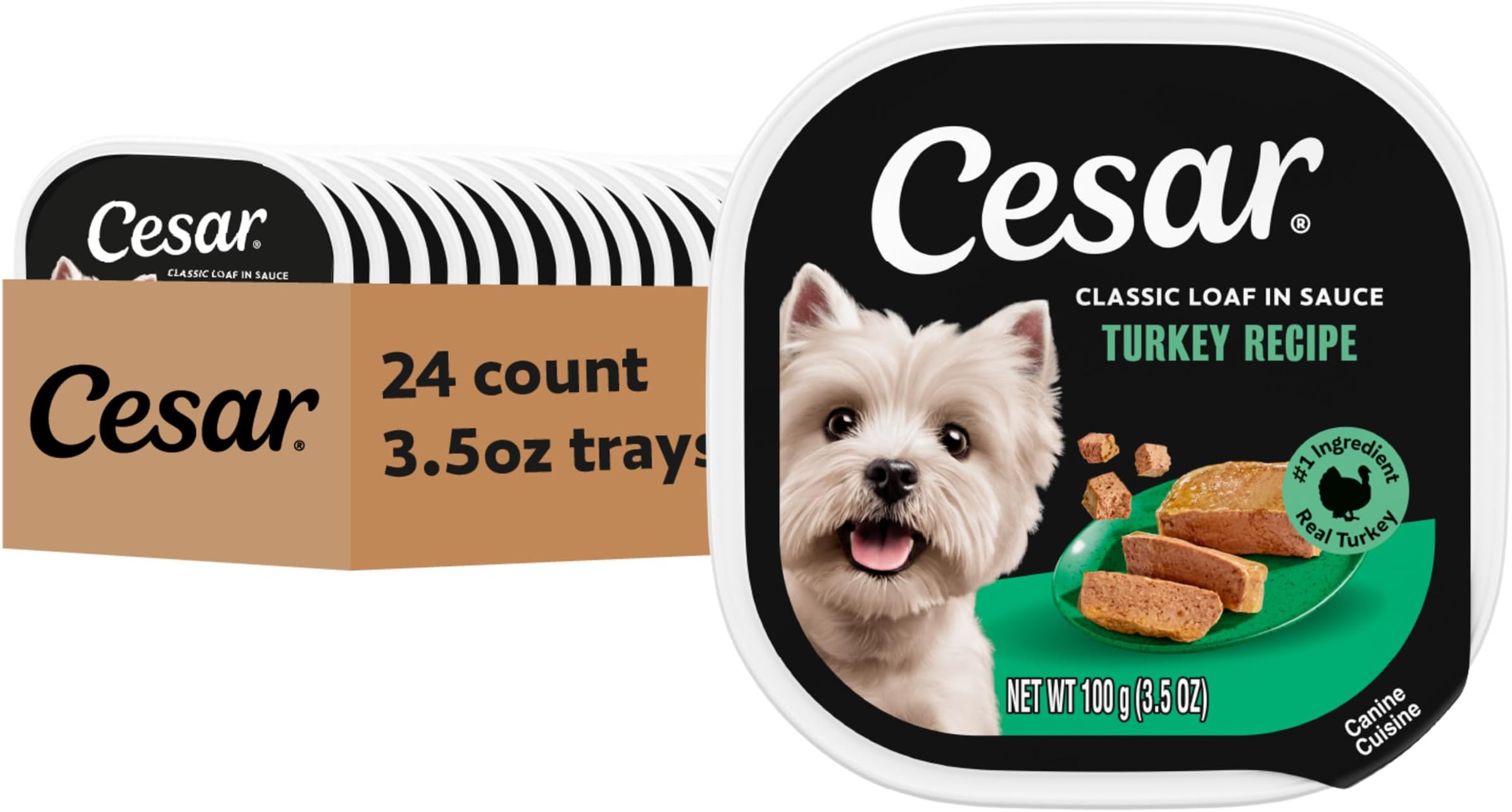 Cesar Classic Loaf in Sauce Adult Wet Dog Food Turkey Recipe, 3.5 oz. Easy Peel Trays, 24 Count (Pack of 1)