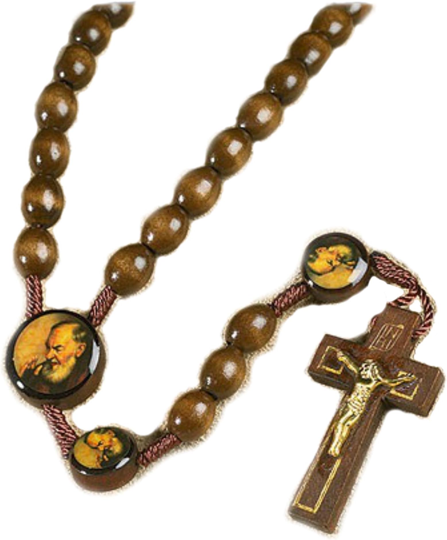 Autom Saint St Padre Pio Pietrelcina 10MM Wood Bead 19" Cord Rosary with Prayer Card