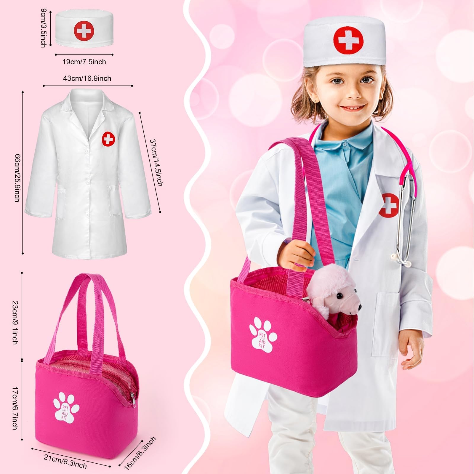 EFO SHM Valigetta medica per bambini, in legno, per veterinario, per bambini, con camice medico, vero stetoscopio, termometro, veterinario, pratica giochi di ruolo, giocattolo regalo 3 anni