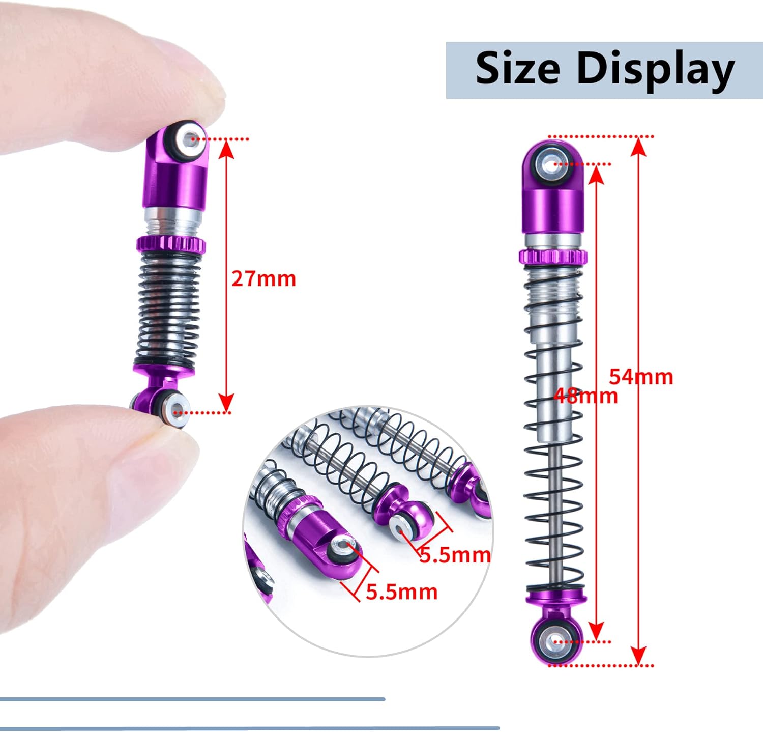 MORLORDY Aluminum Alloy 4Pcs RC Shock 48mm Ajustable Shocks Absorber Dampers for SCX24 Shocks 48mm Upgrades 1/24 RC Crawler Car Accessories, Black and Purple