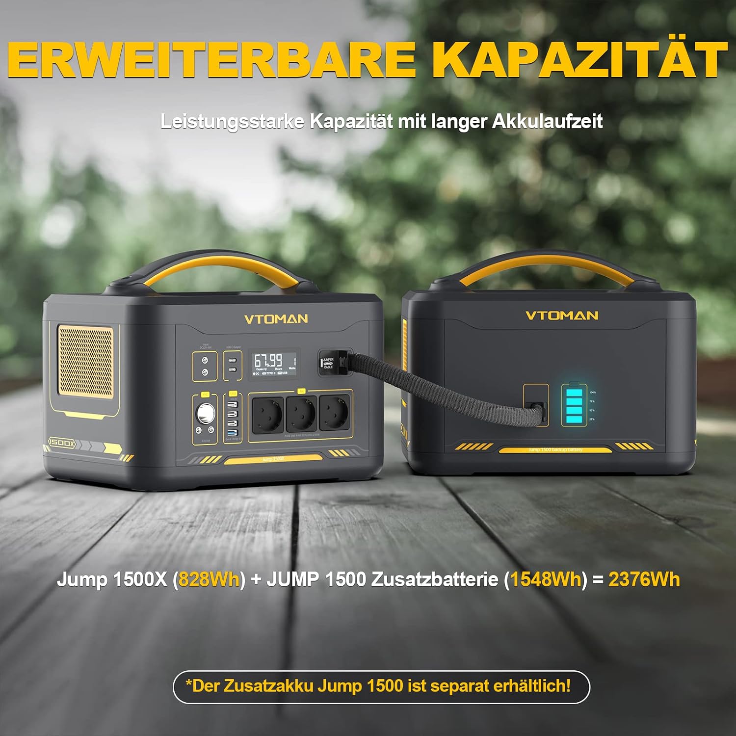 VTOMAN Jump 1500X Powerstation connected to an additional battery for expanded capacity.