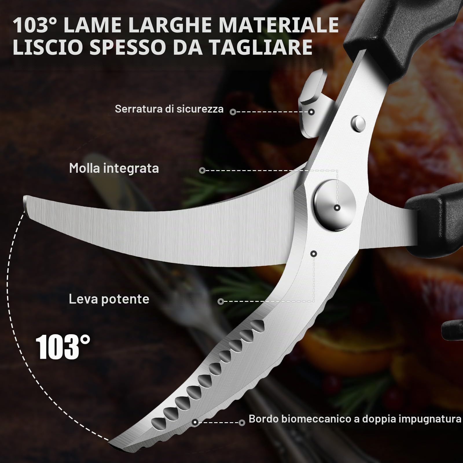PURPLEBIRD Forbici da Cucina Professionali in Acciaio Inossidabile, con Blocco di Sicurezza, Lama Seghettata, Forbici da Cucina Acciaio inox Adatte per Carne, Verdure e Ossa