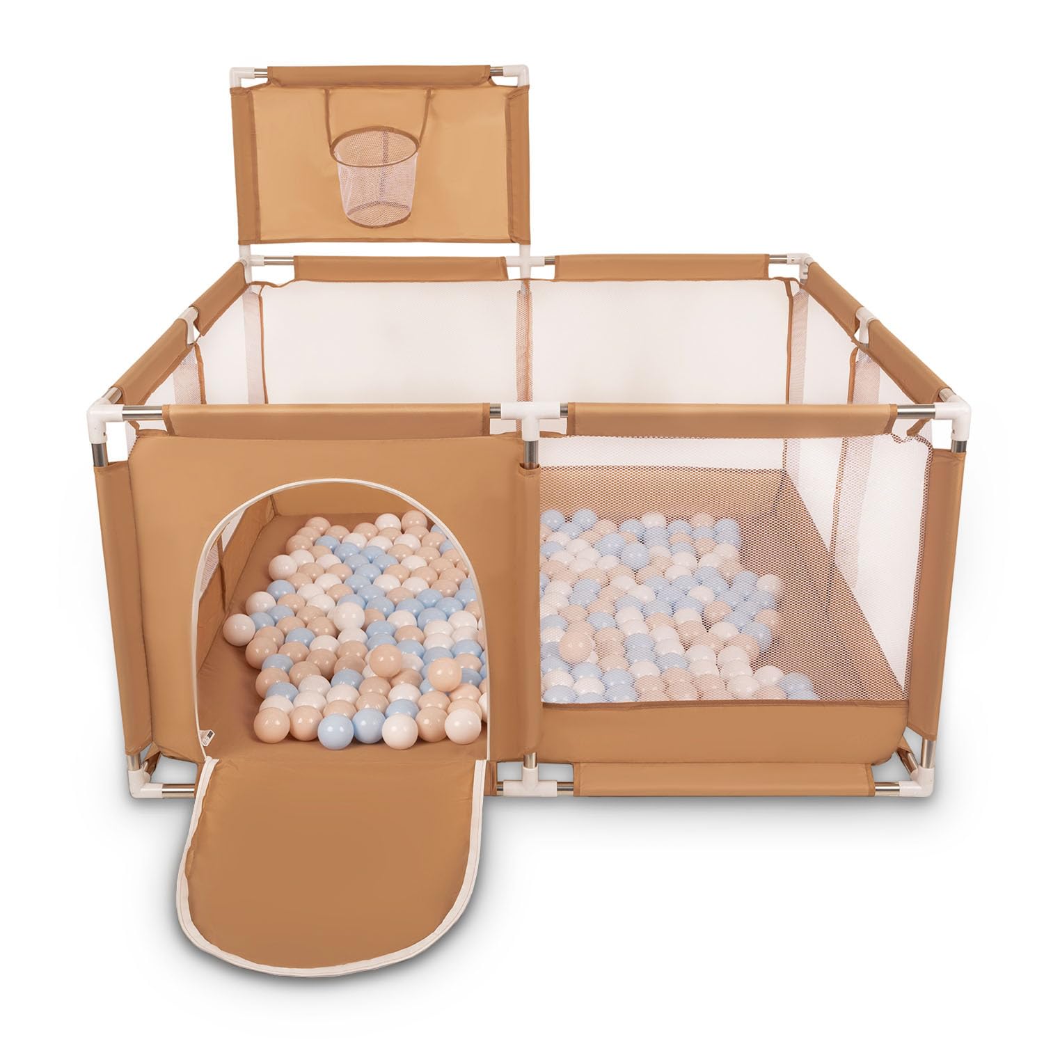 Selonis Laufstall Mit Korb Und 200 Bälle Laufgitter Für Kinder, Beige:Pastellbeige/Pastellblau/Weiß
