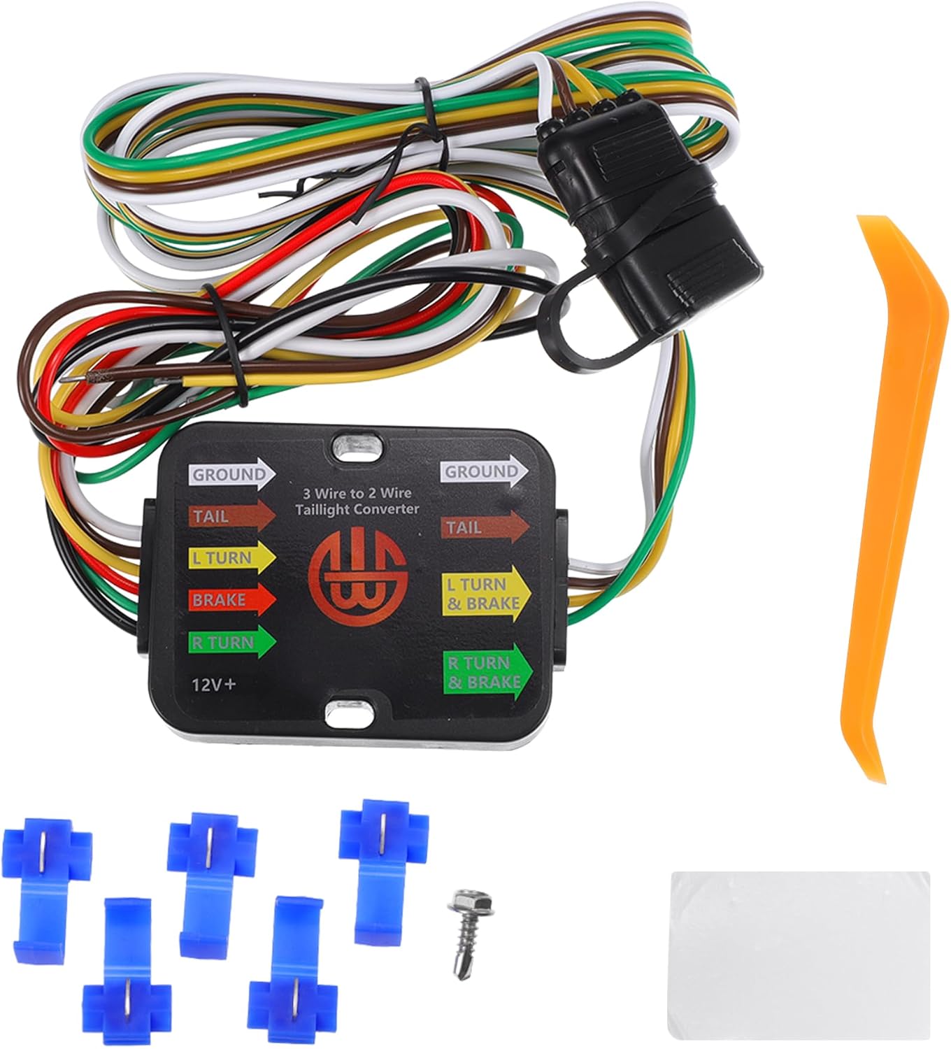 Powered 3-to-2 Wire Splice-in Trailer Tail Light Converter, Vehicle 4-Pin Wiring Harness Multi-Function W/ 10-amp Fuse Black, 1 Set