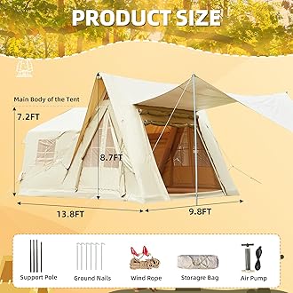 2026 Upgraded Inflatable Tents for Camping, 5-12 Person Blow Up Tent with TPU Skylight, Mesh Windows, Stove Jack & Pump, Easy Setup 4 Season Large Inflatable Tent, Waterproof & Windproof